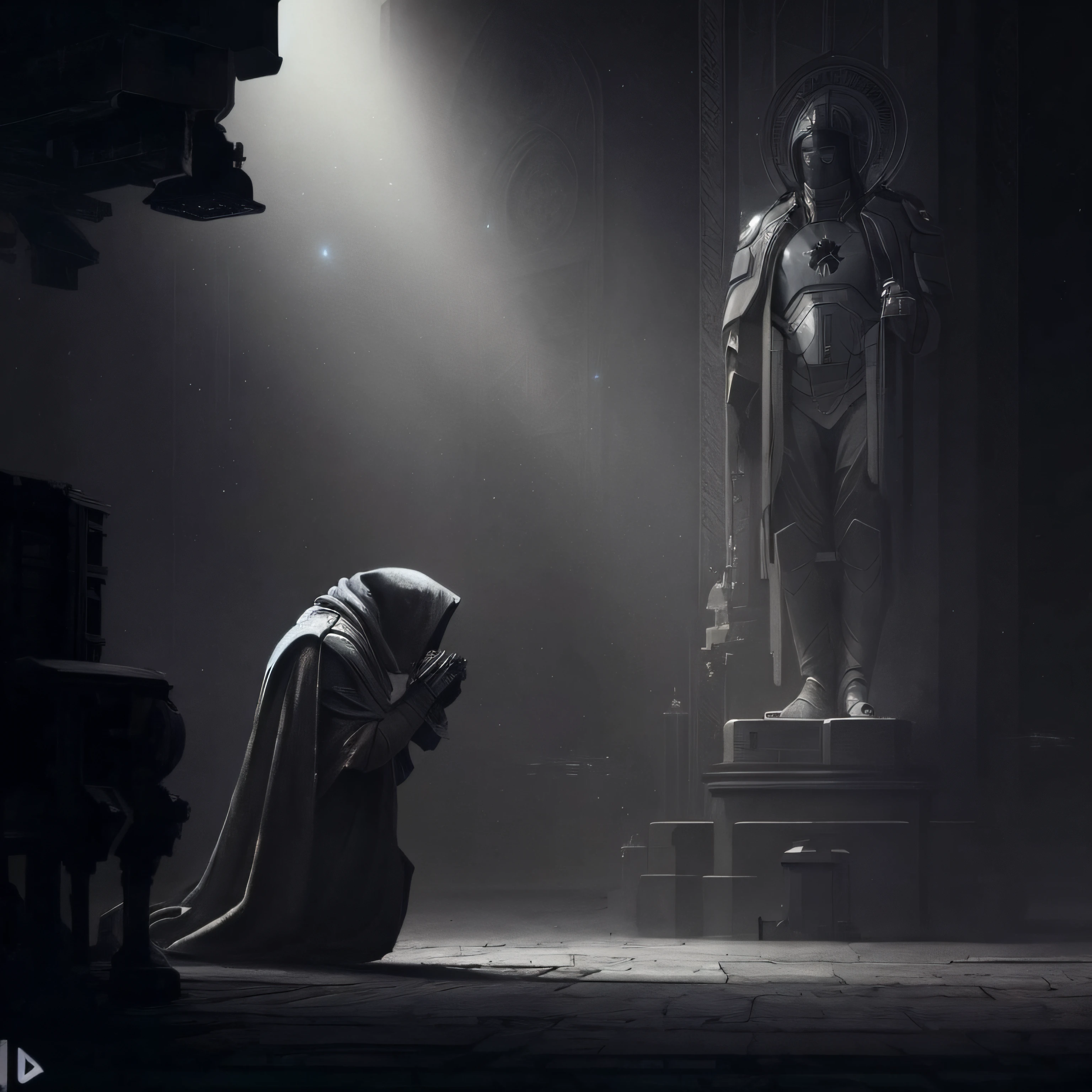 Image of a robot with a tunic kneeling in front of a statue, arte conceitual escura fotorrealista, Wojtek FUS, cinematic photograph concept art, dark cinematic concept art, Premiado na CGSetaltion, conceito de alma escura, O melhor da artstation, pintura fosca em preto e branco, epic cinematic concept art, Yuri Shwedoff e Tom Bagshaw, Wayne Barlowe Pierre Pellegrini