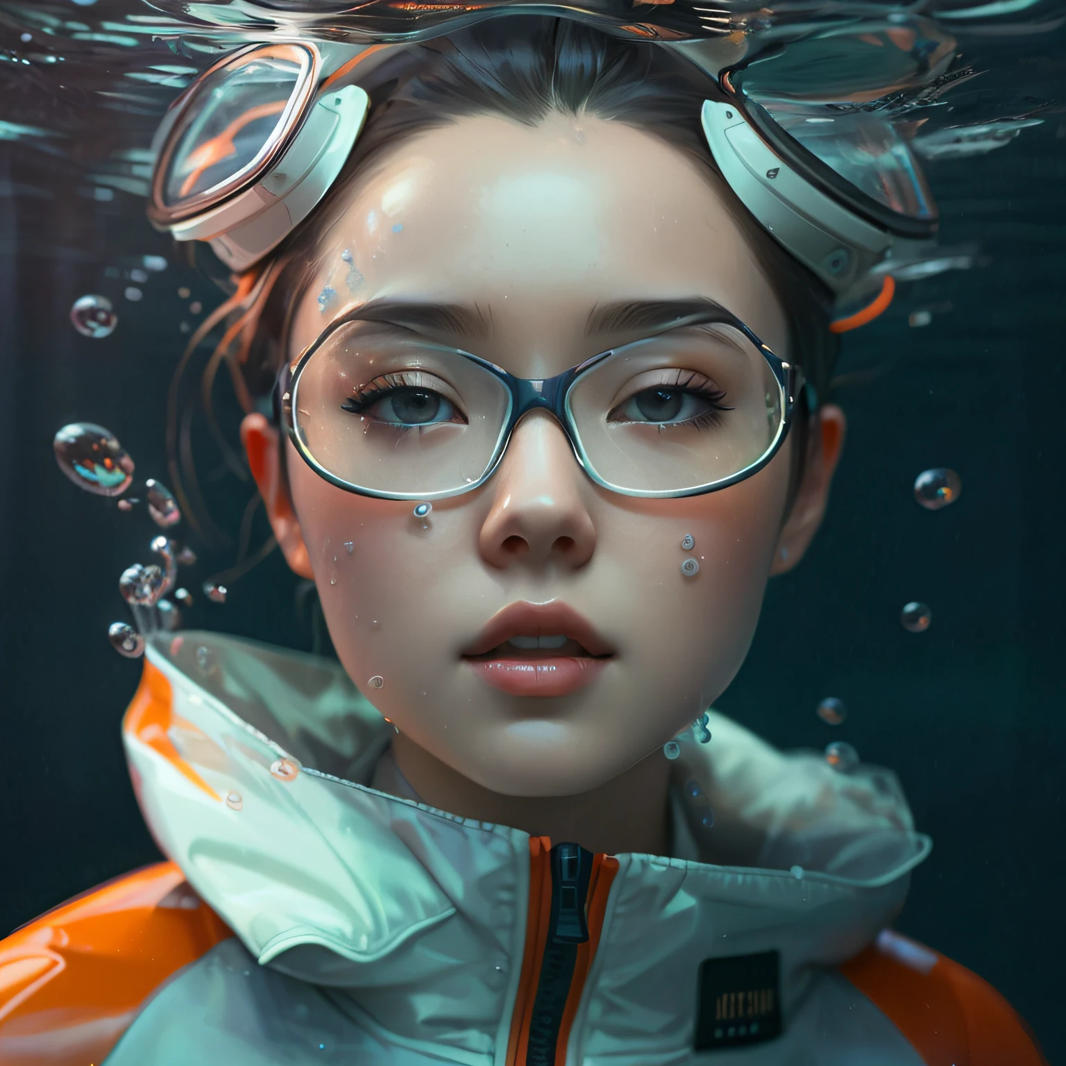 There's a woman wearing glasses and a jacket underwater, stunning digital illustration, Ross Tran 8 K, Wojtek FUS, bela arte digital, Arte no estilo de Guweiz, cheio de vidro. CGSetnation, inspirado em Yanjun Cheng, Directed by: Russell Dongjun Lu, estilo de arte futurista, Arte digital alucinante, realismo | bipe
