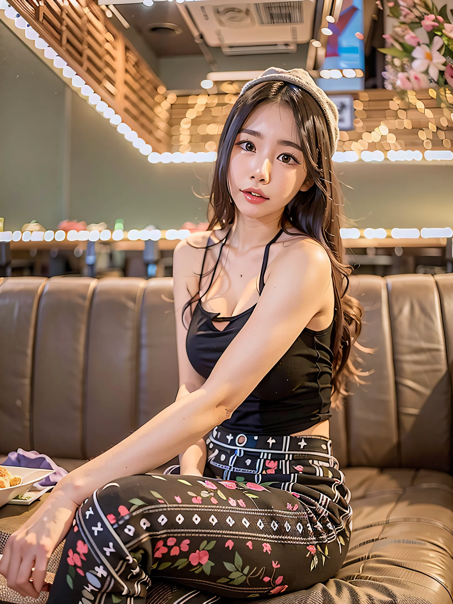 Arapei woman sitting on restaurant couch wearing hat, Korean girl, 2 , 19-year-old girl, she is wearing a black tank top, Gorgeous young Korean woman, 21 years old, 18 years old, beautiful Korean women, 2 3 years old old, Photo of ig breasts