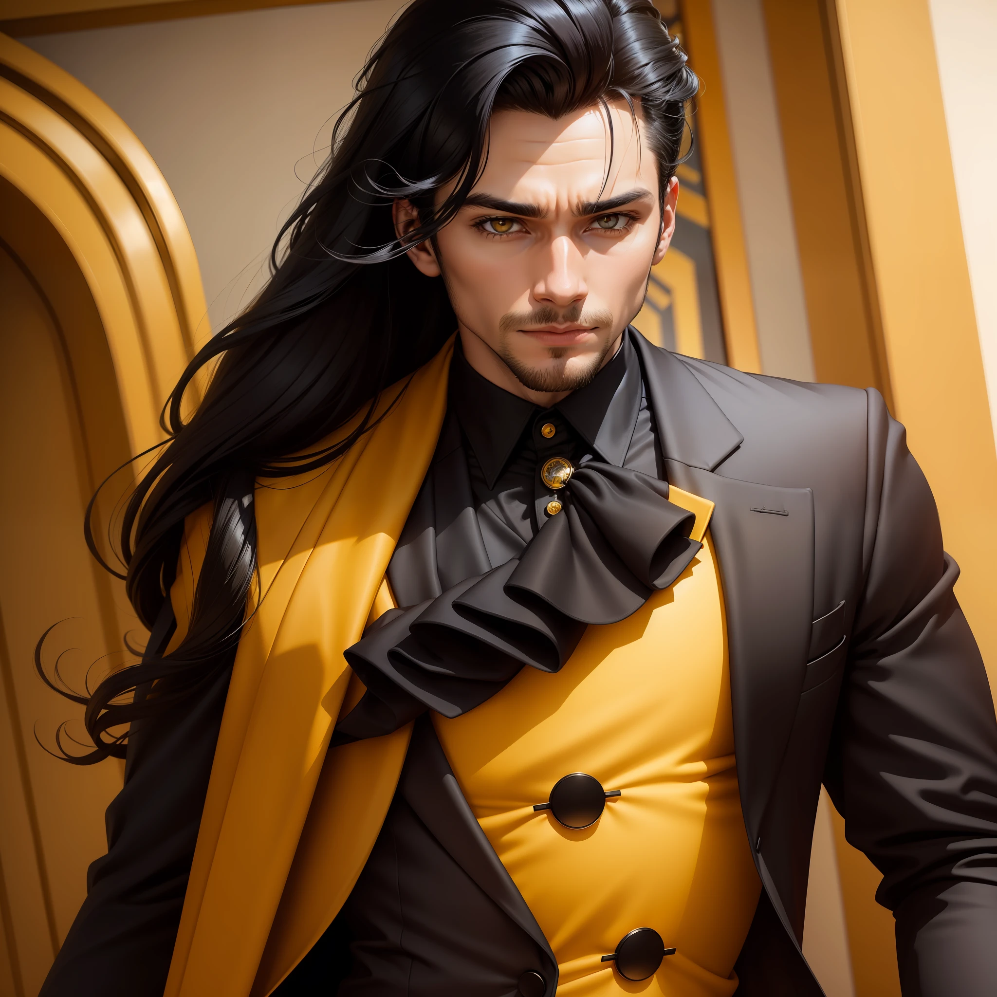 homem de 30 anos, muito formal e estiloso, has black hair but with 2 yellow locks and 2 orange locks, veste um terno, tem olhos com pupilas amarelas