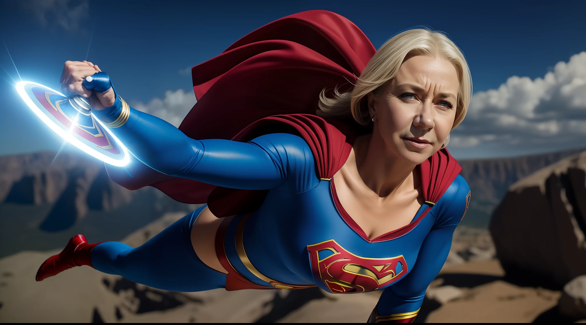 Helen Mirren vestida como um super-homem com uma capa e um  azul, esmagando uma pedra, NUD , flying through the sky, super foto realista, Superhero portrait, Supergirl filme de 1984, Cortpo , retrato vfx altamente detalhado de, cabelos andulados, super fotorrealista, Super-homem, foto de retrato, Super-realista, Arte 4K, retrato de ultra realista