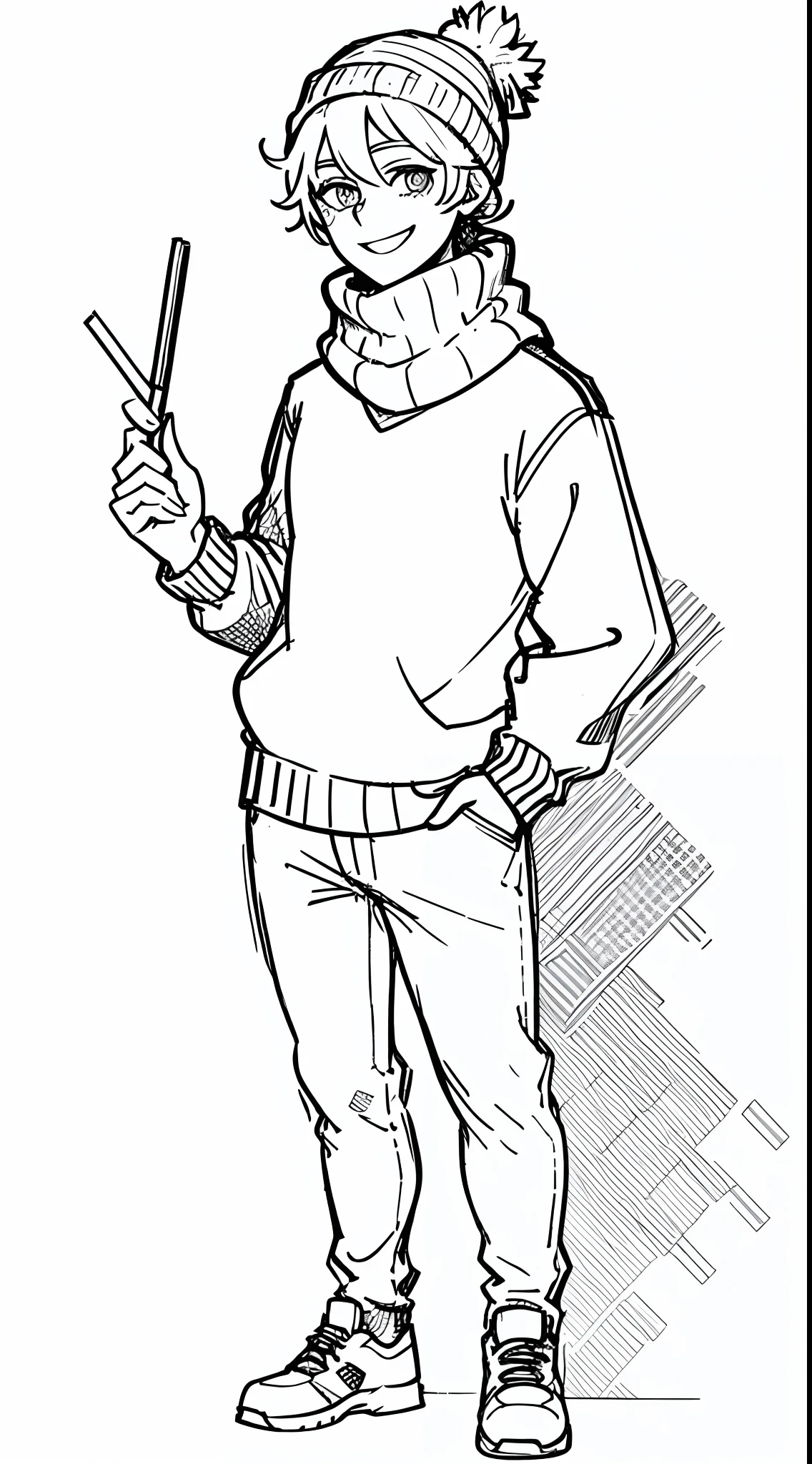 (Full Body: 1.2), white background, monochrome, line drawing, ((sketch)), 1boy, cute, smile, sweater, Beanie, Scarf, t-shirt, jean