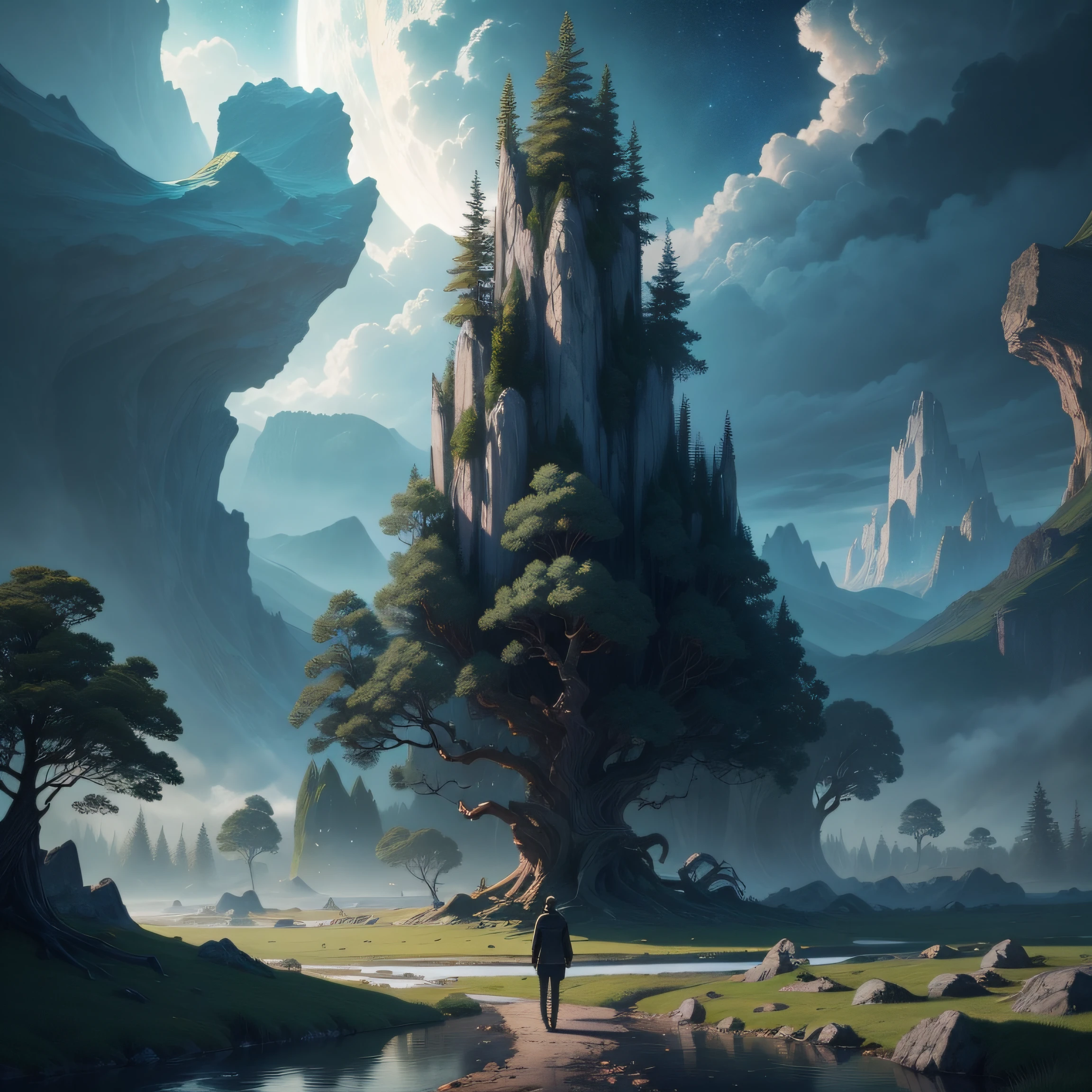 Illustration of a hyperrealistic , otherworldly, ultrasky scene featuring a giant crystal tree full body,very detailed and magical lighting, intricate forest details, vegetation and river around, solarpunk ,landscape, giant tree, beatifull leafy with beautiful lighting and realistic proportions, as if it were a cinematic background, 8k, highest quality, masterpiece, clouds and stars in the sky.