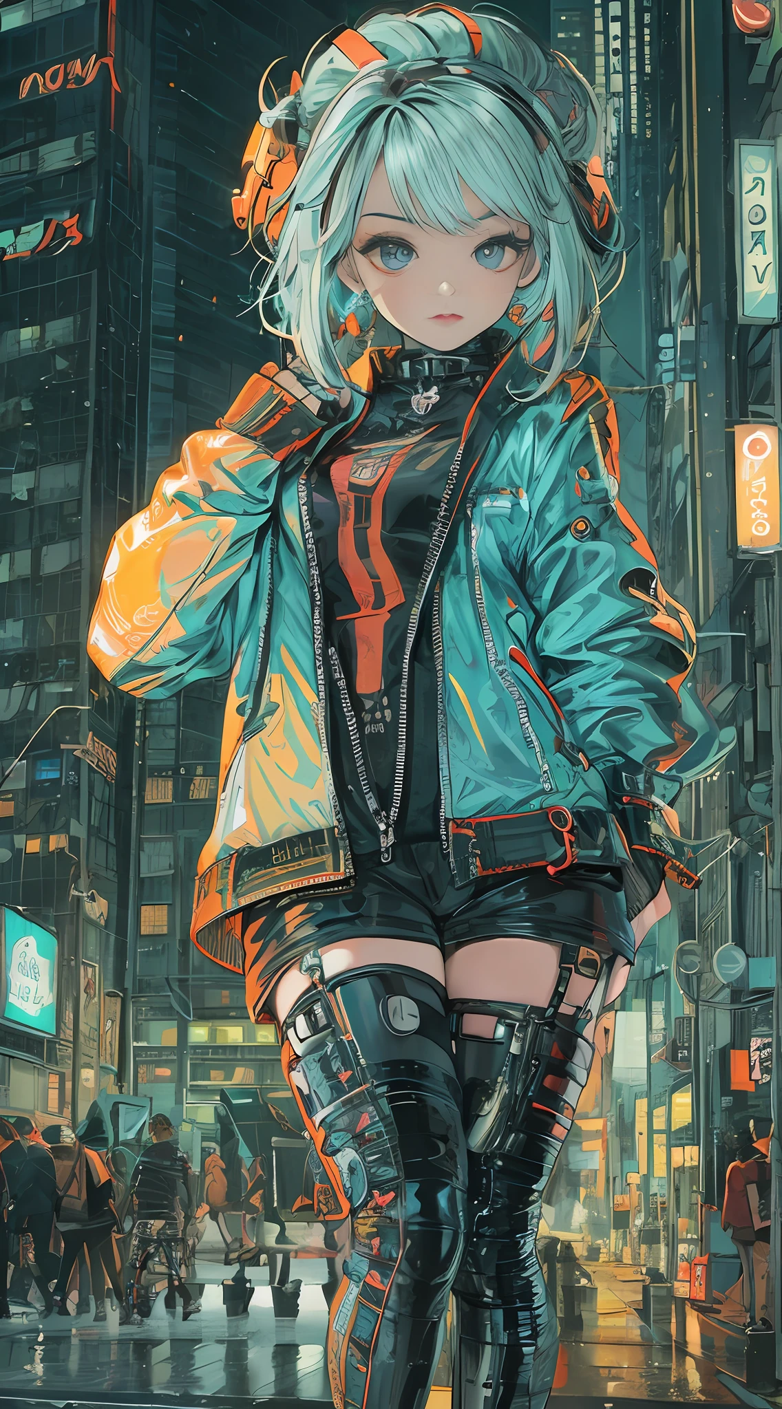 masterpiece, best quality, 1 cyberpunk girl, full body shot, looking at viewer, Confident cyberpunk girl with sassy expression, Harajuku-inspired pop outfit, bold colors and patterns, eye-catching accessories, trendy and innovative hairstyle, vibrant makeup, Cyberpunk dazzling cityscape, skyscrapers, neon signs, LED lights, bright and vivid color scheme, anime, illustration, detailed skin texture, detailed cloth texture, beautiful detailed face, intricate details, ultra detailed.