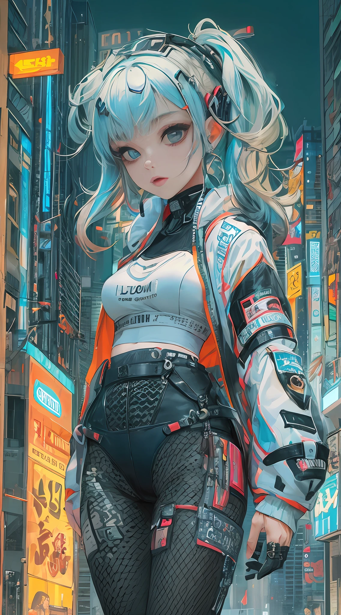 masterpiece, best quality, 1 cyberpunk girl, full body shot, looking at viewer, Confident cyberpunk girl with sassy expression, Harajuku-inspired pop outfit, bold colors and patterns, eye-catching accessories, trendy and innovative hairstyle, vibrant makeup, Cyberpunk dazzling cityscape, skyscrapers, neon signs, LED lights, bright and vivid color scheme, anime, illustration, detailed skin texture, detailed cloth texture, beautiful detailed face, intricate details, ultra detailed.