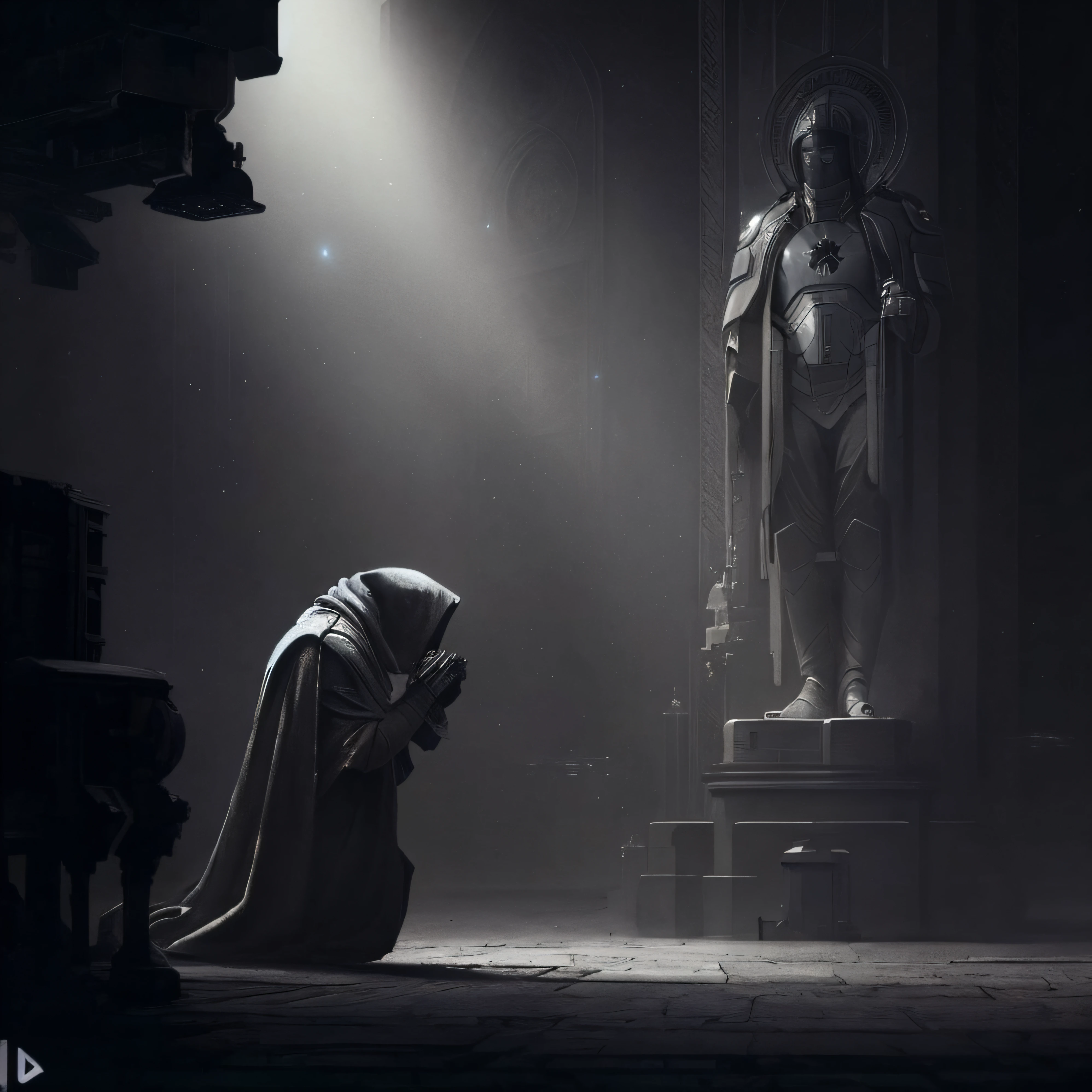 Image of a robot with a tunic kneeling in front of a statue, arte conceitual escura fotorrealista, Wojtek FUS, cinematic photograph concept art, dark cinematic concept art, Premiado na CGSetaltion, conceito de alma escura, O melhor da artstation, pintura fosca em preto e branco, epic cinematic concept art, Yuri Shwedoff e Tom Bagshaw, Wayne Barlowe Pierre Pellegrini