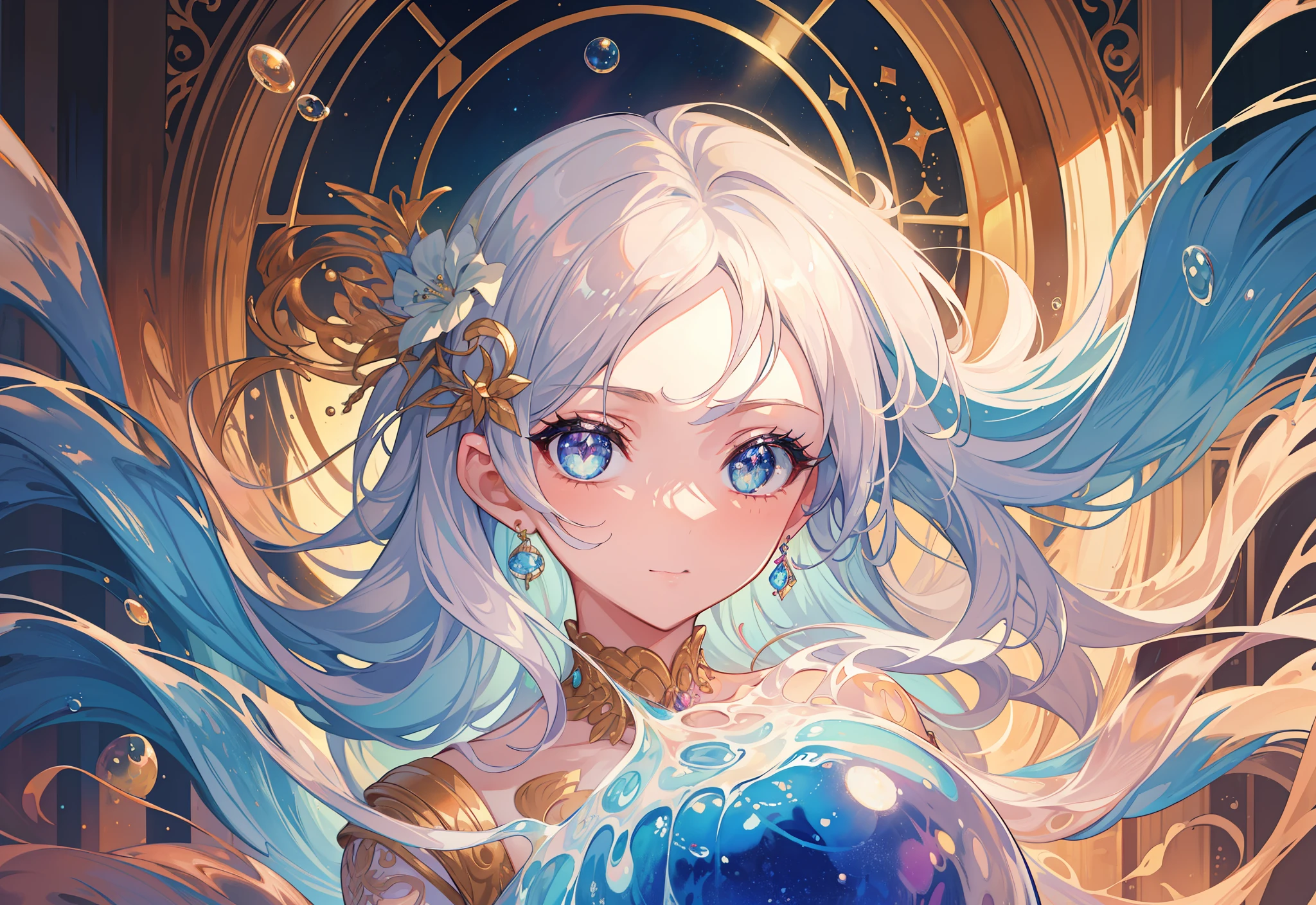 masterpiece, best quality, 8k resolution, sharp focus, intricate detail, beautiful girl, sparkling eyes, golden ratio face, otherworldly liquid, watercolor, pastel colors, bright colors, whimsical, colorful, sharp focus, high resolution, fine detail, liquid ballgown, ((round eyes)), iridescent bubbles