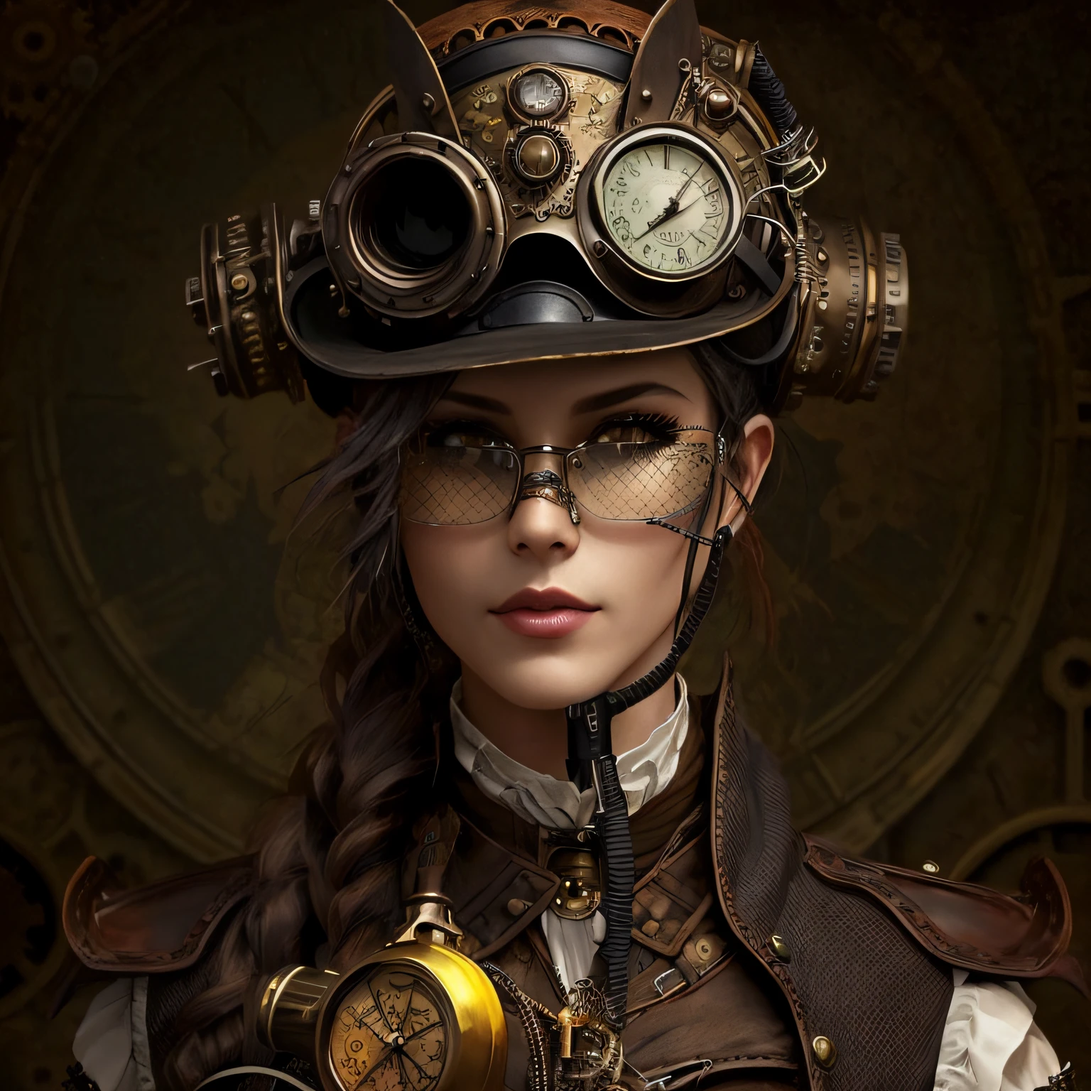 There is a woman wearing a steamer - punk hat and glasses, menina Steampunk, arte digital Steampunk, arte Steampunk digital, estilo de fantasia Steampunk, arte Steampunk, menina inventora Steampunk, fantasia Steampunk, steampunk imagery themed, engenheiro Steampunk, Steam-punk, sci-fi Steampunk, arte Steampunk de alta qualidade, ( Steampunk ), (Steampunk), estilo Steampunk, Steampunk, usando trajes Steampunk