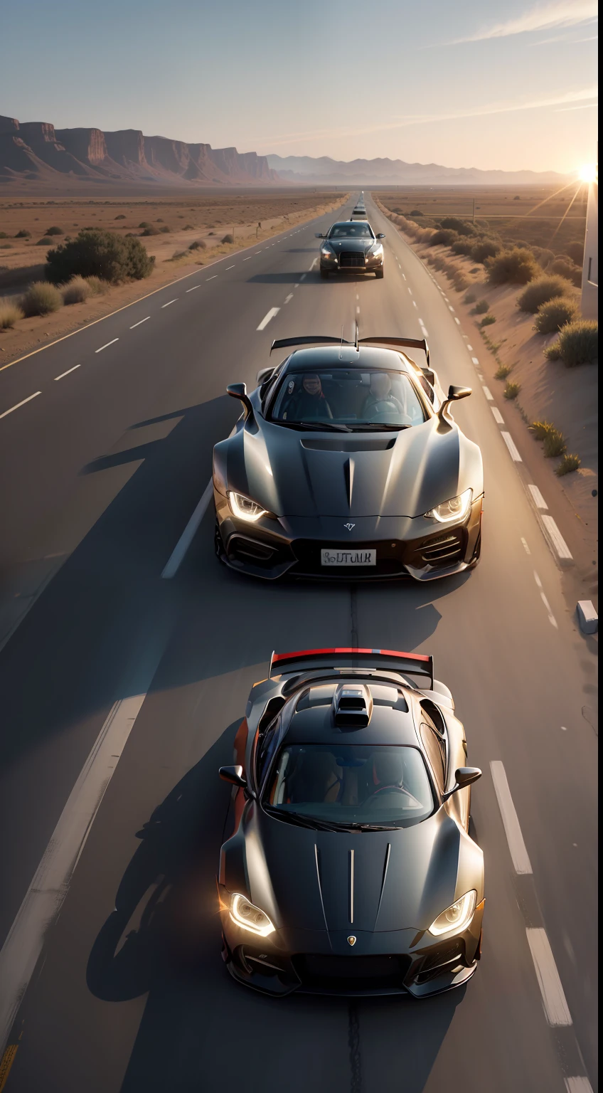 Imagine a breathtaking scene: a winding road stretching out in front of you, com carros esportivos de luxo acelerando em alta velocidade. The sun is rising on the horizon, derramando uma luz dourada e suave sobre a paisagem. Os raios solares refletem nas carrocerias brilhantes, highlighting the aerodynamic contours of vehicles. As rodas giram rapidamente, deixando rastros de borracha no asfalto. O vento sopra os cabelos dos motoristas e passageiros, while smiles of excitement and adrenaline fill their faces. O som dos motores potentes ecoa pela estrada, criando uma sinfonia de velocidade. This image captures the feeling of freedom, speed and beauty of the perfect combination of sports cars, estrada e o nascer do sol.