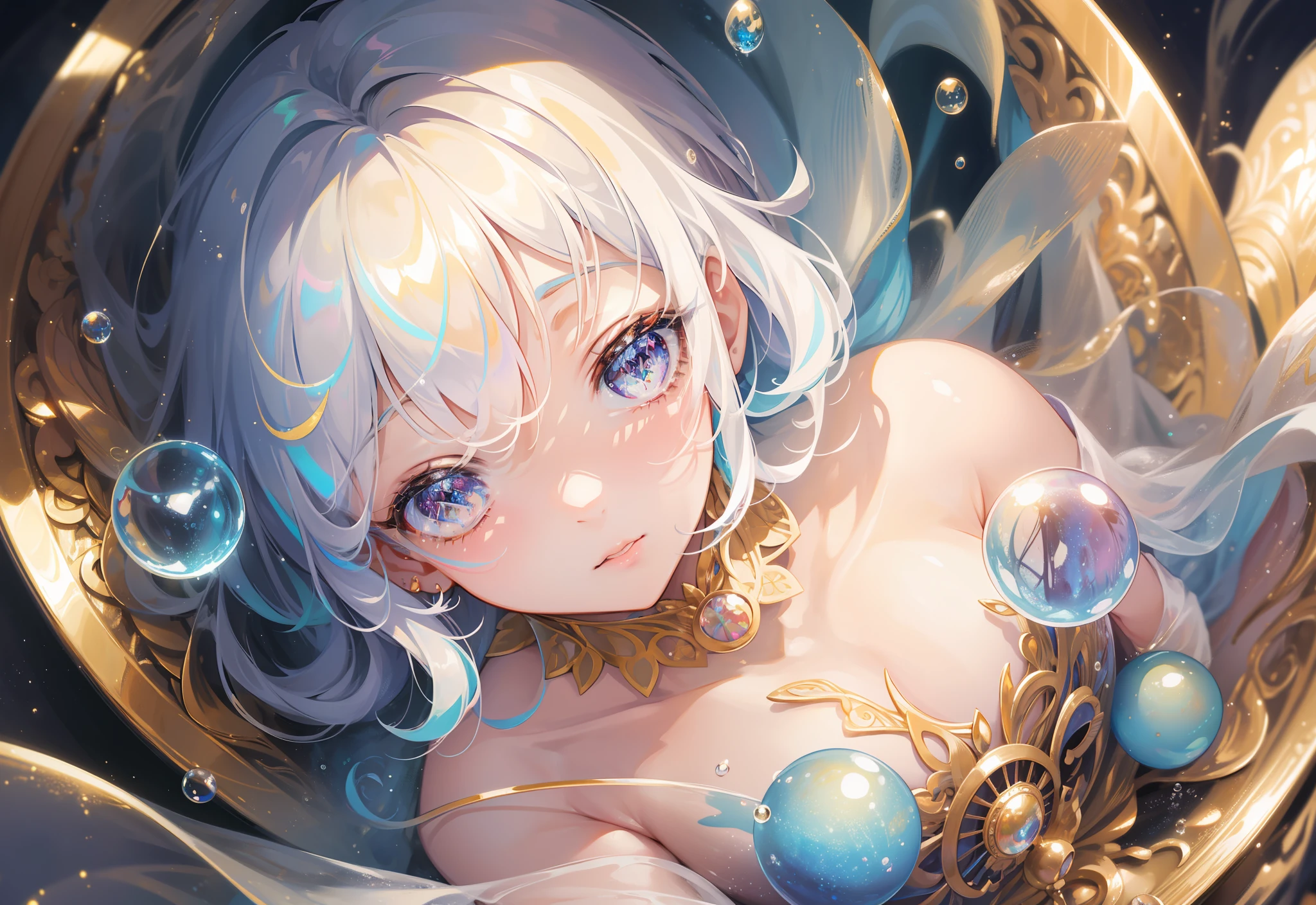 masterpiece, best quality, 8k resolution, sharp focus, intricate detail, beautiful girl, sparkling eyes, golden ratio face, otherworldly liquid, watercolor, pastel colors, bright colors, whimsical, colorful, sharp focus, high resolution, fine detail, liquid ballgown, ((round eyes)), iridescent bubbles