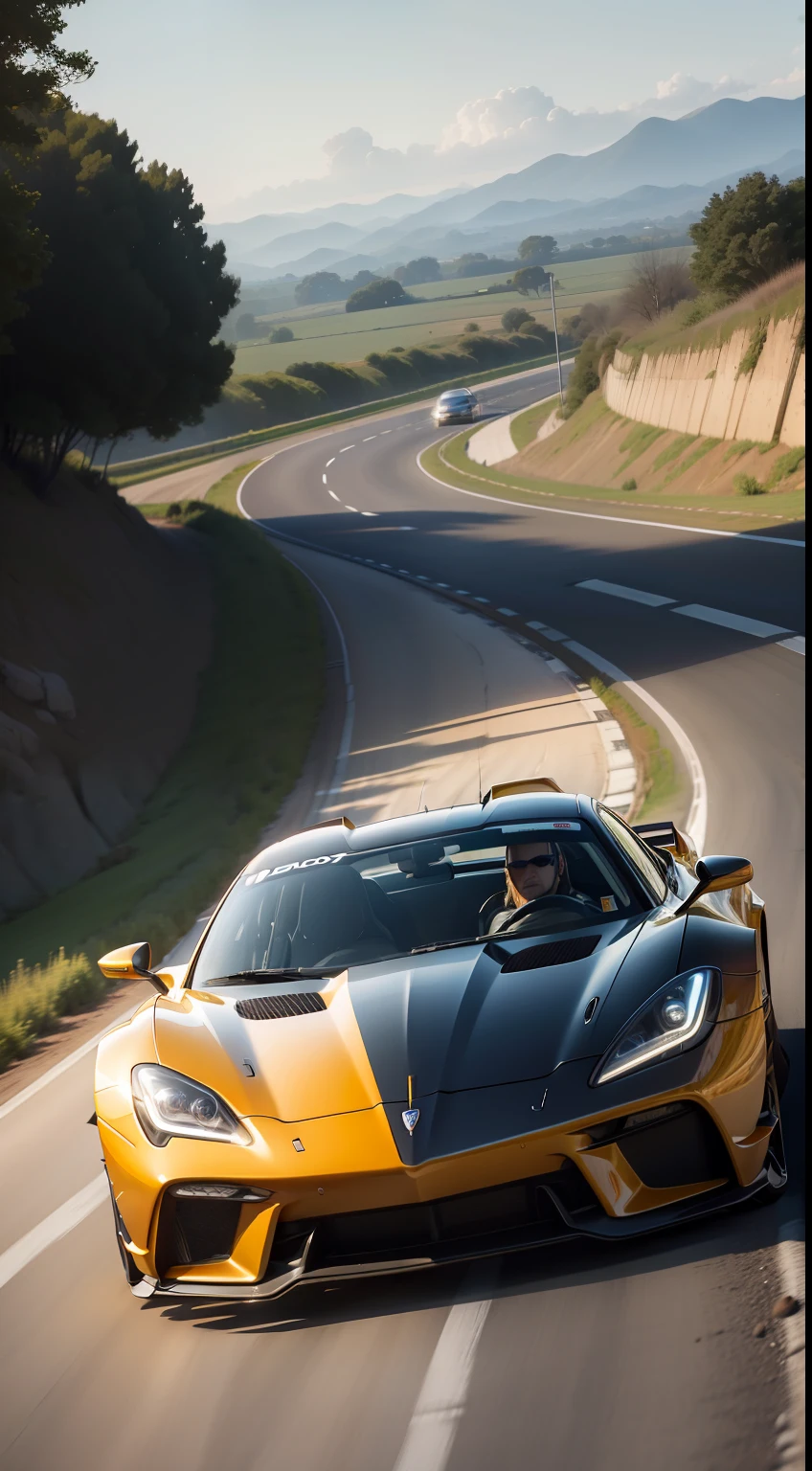 Imagine a breathtaking scene: a winding road stretching out in front of you, com carros esportivos de luxo acelerando em alta velocidade. The sun is rising on the horizon, derramando uma luz dourada e suave sobre a paisagem. Os raios solares refletem nas carrocerias brilhantes, highlighting the aerodynamic contours of vehicles. As rodas giram rapidamente, deixando rastros de borracha no asfalto. O vento sopra os cabelos dos motoristas e passageiros, while smiles of excitement and adrenaline fill their faces. O som dos motores potentes ecoa pela estrada, criando uma sinfonia de velocidade. This image captures the feeling of freedom, speed and beauty of the perfect combination of sports cars, estrada e o nascer do sol.