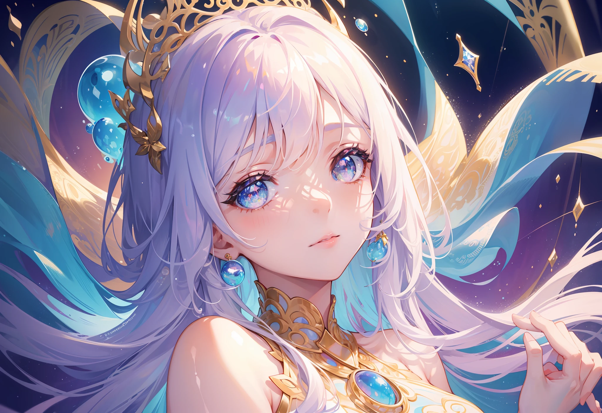 masterpiece, best quality, 8k resolution, sharp focus, intricate detail, beautiful girl, sparkling eyes, golden ratio face, otherworldly liquid, watercolor, pastel colors, bright colors, whimsical, colorful, sharp focus, high resolution, fine detail, liquid ballgown, ((round eyes)), iridescent bubbles