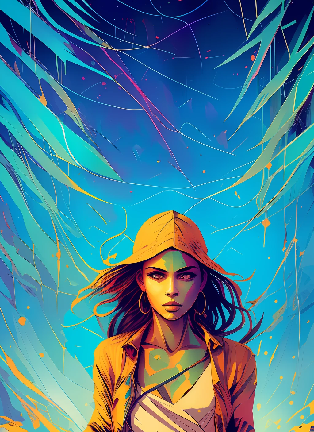 **sharp drawing, Rich color, high contrast, chiaroscuro lighting, solarpunk, Indian girl, front view, summer heat, clean detailed faces, intricate clothing, graffiti paint, fine detail, full of color, golden ratio illustration by Dan Mumford