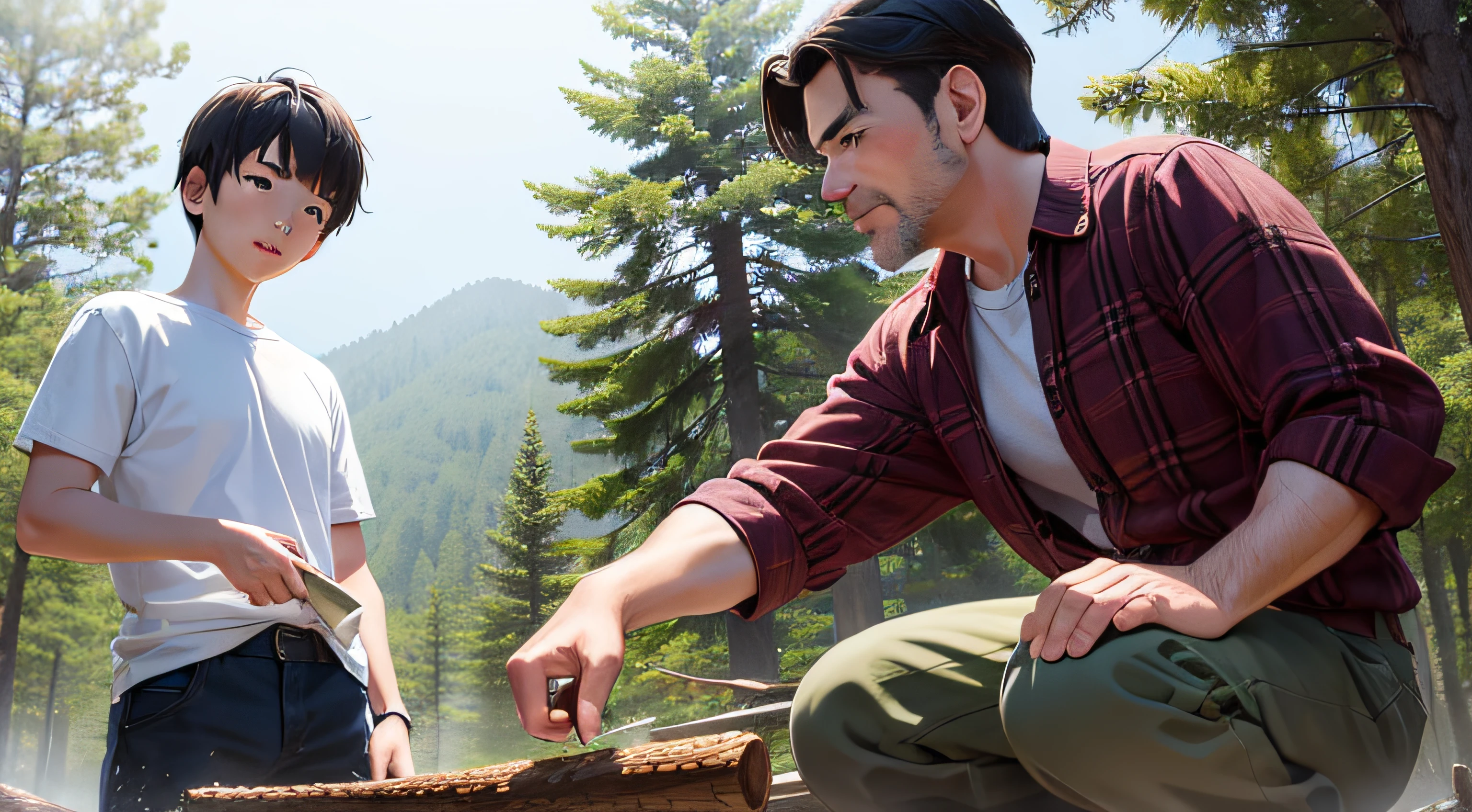 15-year-old boy named Zawa, son of a lumberjack, in plaid shirt, chopping wood with his 40-year-old father, Ghibli Film Studio