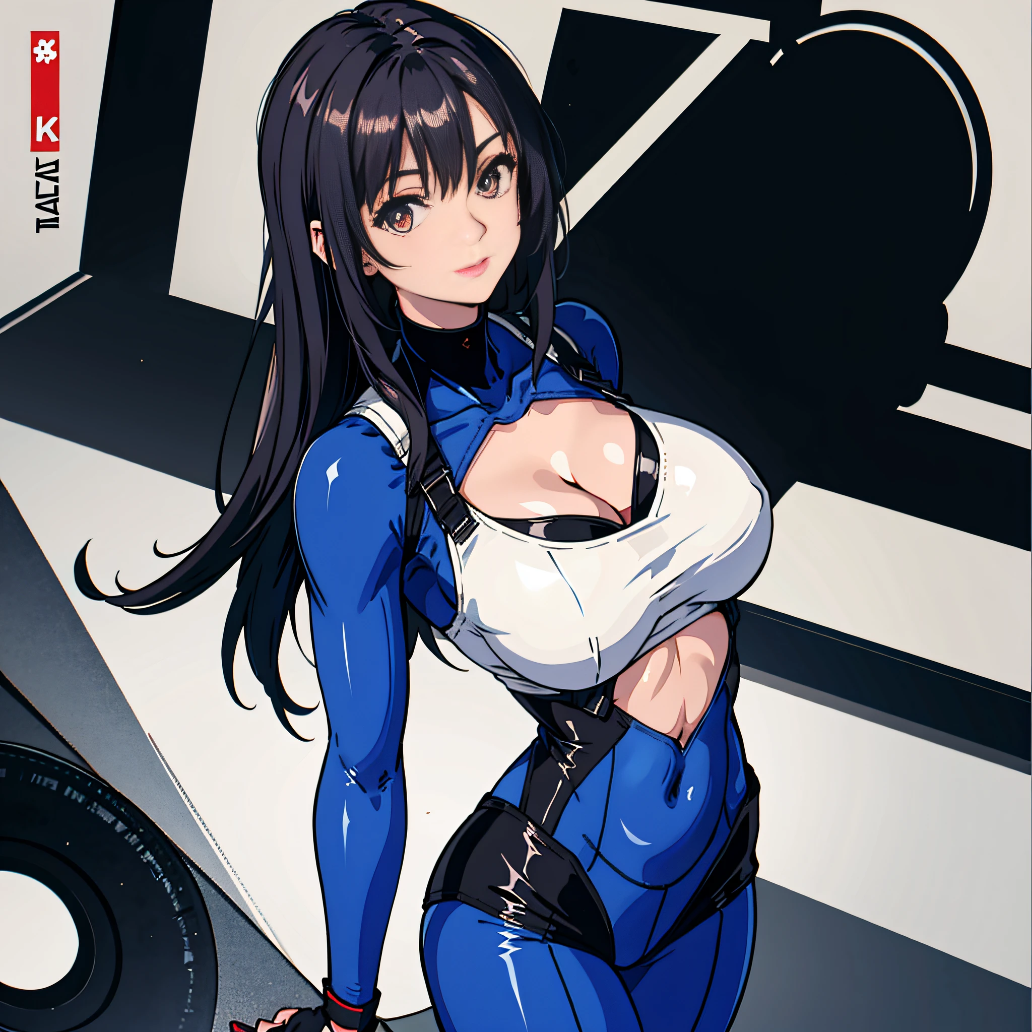 1girll,Solo,Zero, Slender, big breasts beautiful, Young, Little woman, Coveralls,tightsuit, White crop top,navel,cleavage,Large breasts