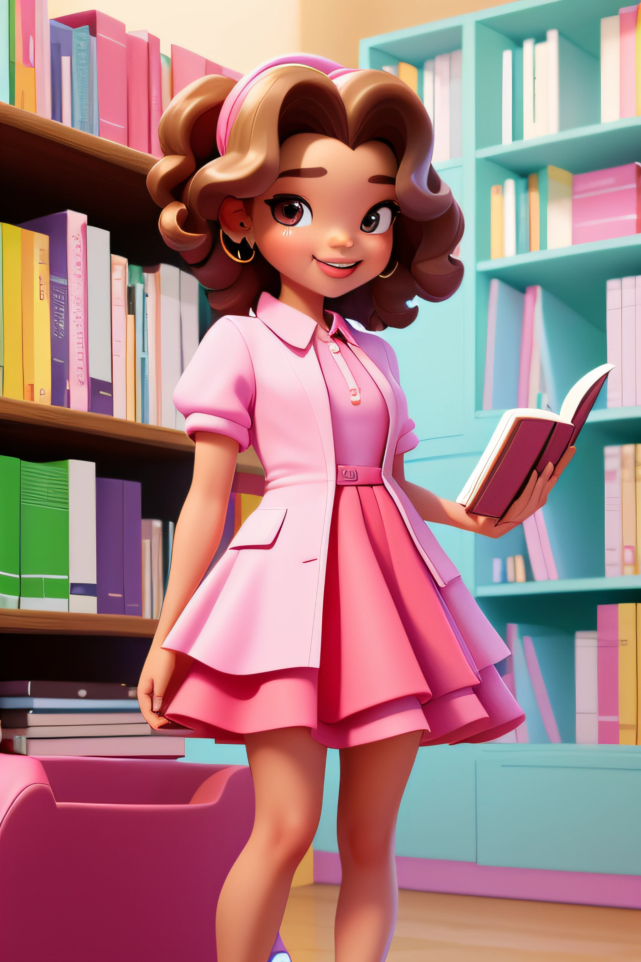 3DCHARACTER, 1 menina, mulher adulta das Maldivas, sardas, hazelnut eyes, Frohawk Rosa, Jammers, (corpo inteiro: 1.2), fundo simples, obra-prima, melhor qualidade, (fundo gradiente de ameixa clara: 1.1), She's in a library holding two books and she's wearing a pink dress blouse.