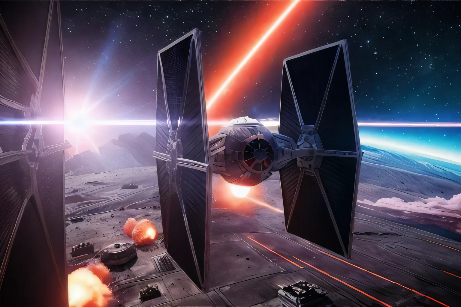 analog gloomy aerial photo of a (Tie Fighter, ), ((nighttime)), (flying in a space battle), outer space, planet orbit, (explosions in the background), (lasers), High Detail, Sharp focus, (photorealism), realistic, best quality, 8k, award winning, dramatic lighting, epic, cinematic, masterpiece, rim light, (action movie), war, depth of field, dutch angle,