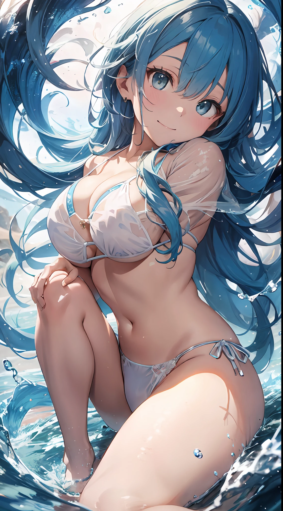 (NSFW:1.2), (8K, Raw photography, Top image quality, tmasterpiece: 1.4), ultra-high-details, (realisitic, photoreallistic: 1.48), 20 yrs, Cute little girl s, (See-through white micro bikini:1.55), Japanese famous actor、 (blue hairs:1.7)、1 daughter、Solo Focus、Type Moon Wind、Kyoto Animation Style、Shorthair、Blunt bangs、Inter-eye hairs、side locks、Shiny hair、Beautiful and dense cold face、Seductive smiling、anger、Intricate details beautiful and delicate eyes、Bare shoulders 、small tits、Clear eyes、White Skin Skin、hair adornments、swim ring、Beautiful raw back、sandal、Skin dent、collar bone、Raw feet、the beach、Dense sky、White sandy beach、The tree、 very accurate and detailed、absurdist、Heavily detailed、16k wallpapers、Realistic texture、Masterpiece to the smallest detail、From Side, looking at the viewers, deadpan, Beautiful lake, Zeiss 150mm f/ 2.8 Hasselblad, Whole human body, for feet, ultra-wide-angle
