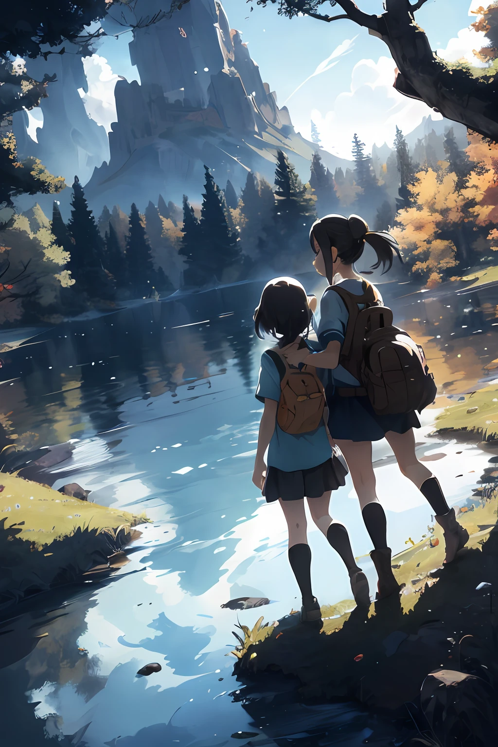 Based on the references and your request, here is a revised image generation prompt:

"In the realm of digital artistry, we strive to create a narrative that transcends the ordinary, capturing moments of beauty and emotion in exquisite detail. Our scene unfolds in a world reminiscent of a beloved fantasy video game series, where two sisters, high school students from Japan, find themselves in an unexpected journey.

The sisters are the epitome of beauty, each with their unique charm. The younger sister is petite, with proportions reminiscent of a famous anime character, while the older sister exudes a mature elegance. Their reunion in this fantastical world is a moment of pure joy and wonder, a miracle captured in time.

The backdrop is a breathtaking panorama of towering mountains, lush forests, and shimmering bodies of water, all bathed in the soft glow of a setting sun. The colors are vibrant, the details meticulously crafted, from the intricate patterns on the leaves to the subtle ripples on the water surface. The image quality is exceptional, with a level of clarity and depth that draws you into the scene.

The sisters' depiction is realistic yet captivating. Their hair, caught in a gentle breeze, frames their faces perfectly. The expressions on their faces are ones of awe and wonder, as if they're seeing this magical world for the first time. The image is so lifelike, so immersive, that it feels as if you could step right into the frame and join them on this incredible journey.

This is not just an image; it's a story waiting to be told. It's a testament to the power of image generation, where the lines between reality and fantasy blur, and where two high school girls from Japan can stand at the heart of a world straight out of a beloved fantasy video game series. This is a masterpiece, a culmination of a lifetime's worth of artistic talent and dedication.