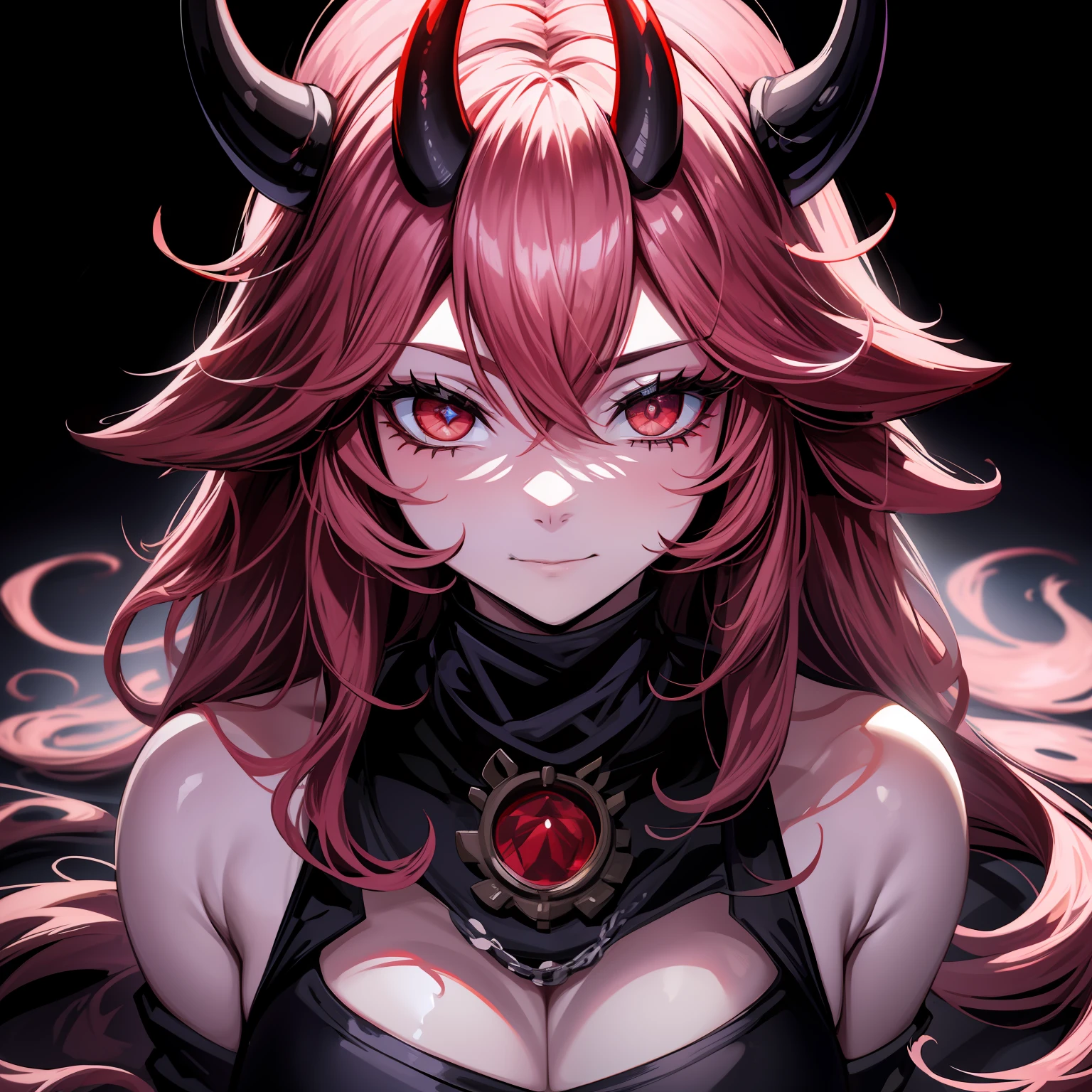 A female milf demon with black demon horn, ((demon horn)), cabelo cor-de-rosa extremamente longo, ((Cabelo cor-de-rosa)), White eyes of the demon, ((olhos brancos)), roupa preta, black background with chains and the floor is made of a red liquid, olhar perverso e vazio, Moda realista, sysie high definition details, fotografia, perspicacity, unique 850 4, Koda850 k portrait camera, Primavera F1.6, cores ricas, Textura super realista, textura de luz espetacular, arte surreal, Cinestil 800 mecanismo de moda