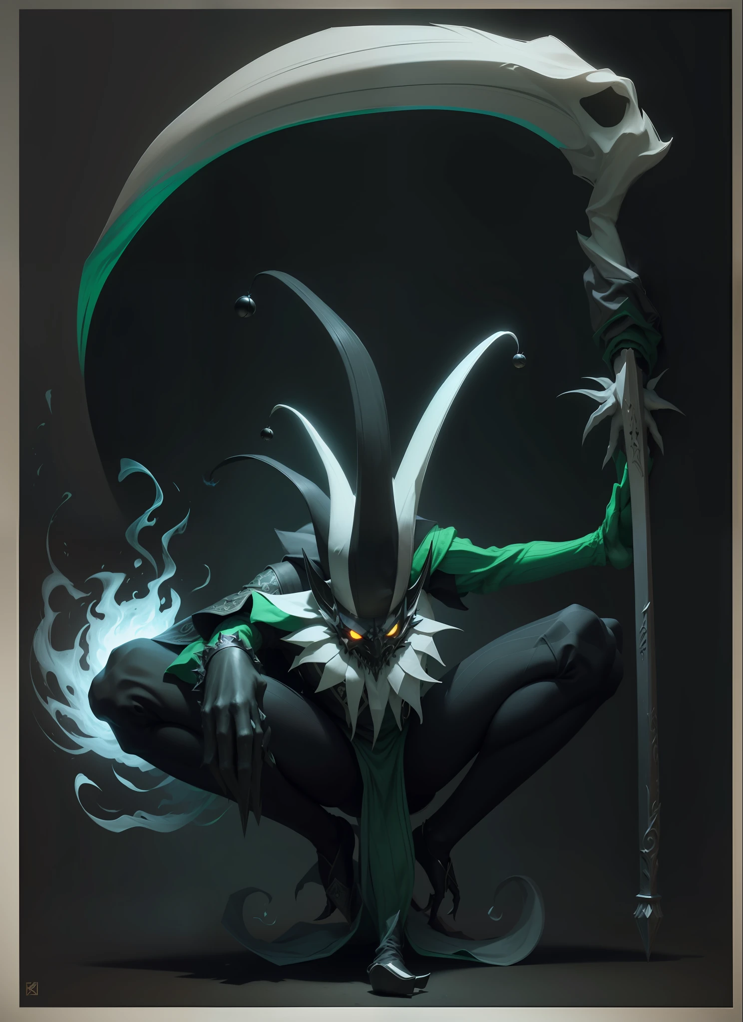 a fullbody art of man, fantasy style, wearing {black and white mask}, {holding big black scythe in right hand}, intricate detail, high quality, concept art, green gradient background, concept art, fined detail, inspired by D&D, jester, {green tall pointy hat}, {white steel armor}, holding scythe, {checkered, puffed sleeves, leggings, pointed shoes, jester's cap, theatrical}, visible claws on hand, ((conjuring a blazing ball flame on left handpalm, ball of fire)), inspired by D&D, jester, squatting, black and white mask, {medieval jester uniform], big green fire on background, white scythe in hand