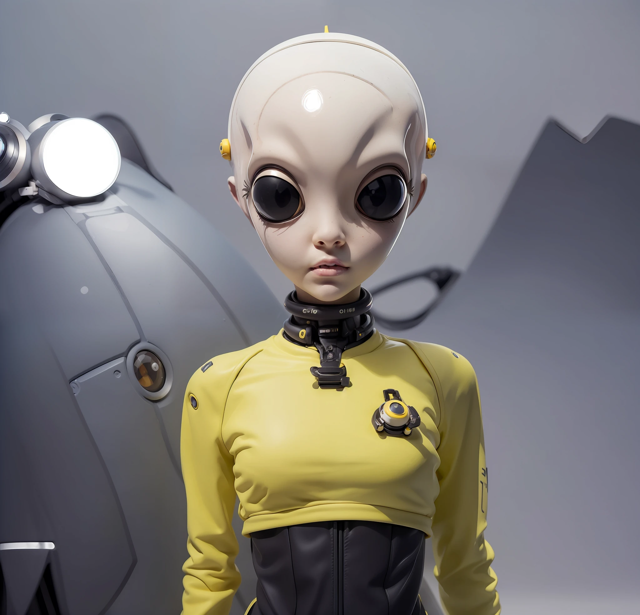 "(an alien female character:1.2) with white skin, totally black and big eyes, and an otherworldly aura, the background is the cockpit of a spacecraft, yellow clothes"