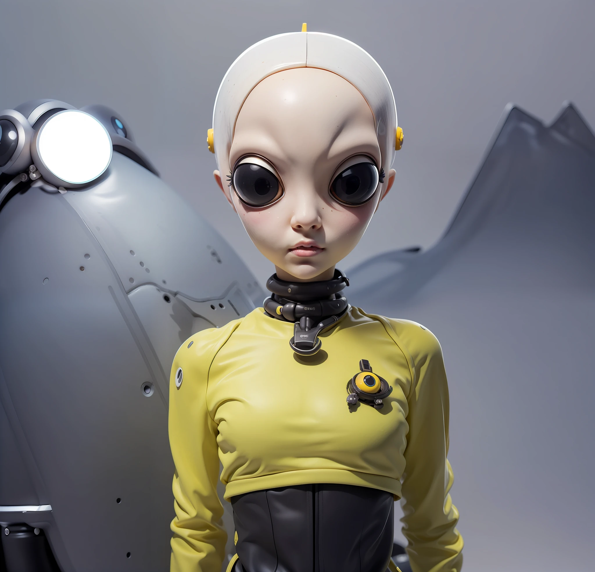 "(an alien female character:1.2) with white skin, totally black and big eyes, and an otherworldly aura, the background is the cockpit of a spacecraft, yellow clothes"