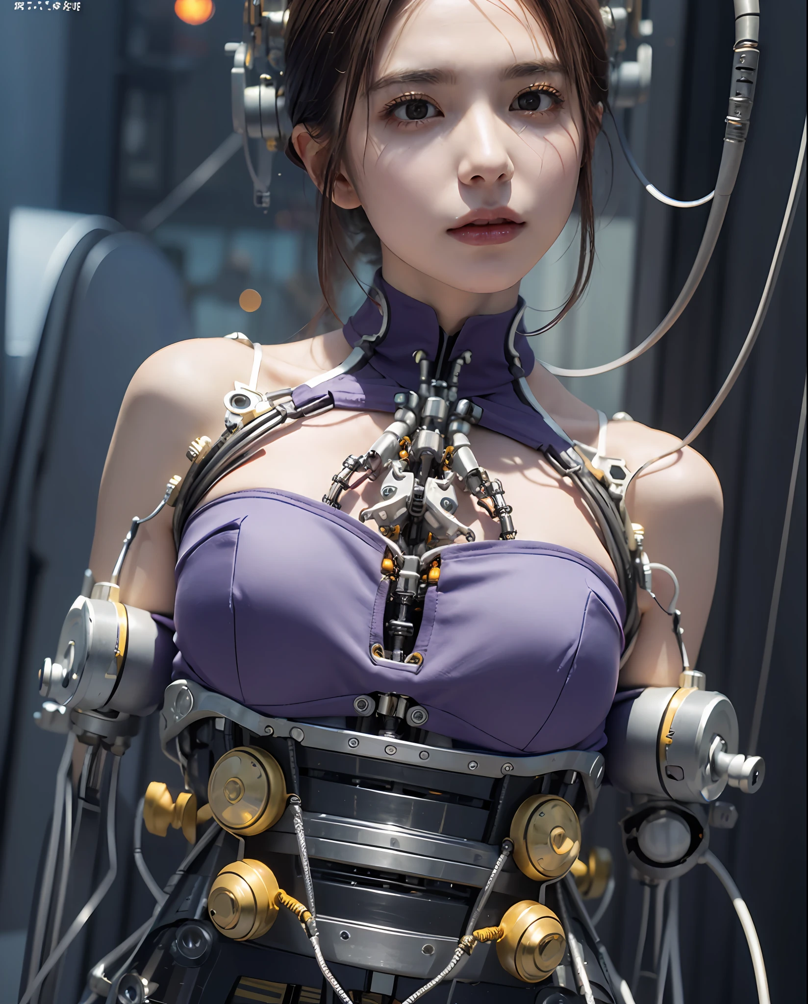(((masterpiece)))、((top-quality))、(The ultra-detailliert)、、(Very noble and beautiful))、Cinematic Light、((1 Mechanical Girl))、White porcelain body、Goldsmith、Sumerian details、a purple eye、Colossal tits、The cleavage is visible、Single、(Mechanical joint:1.4)、((Mechanical limb))、(Blood vessels attached to tubes)、((Mechanical spine attached to the back))、((Mechanical cervical vertebrae attached to neck))、(Wires and cables attached to the head and body:1.5)、 neon details、Hydraulic cylinder、Steampunk details、No 、cowboy shot、