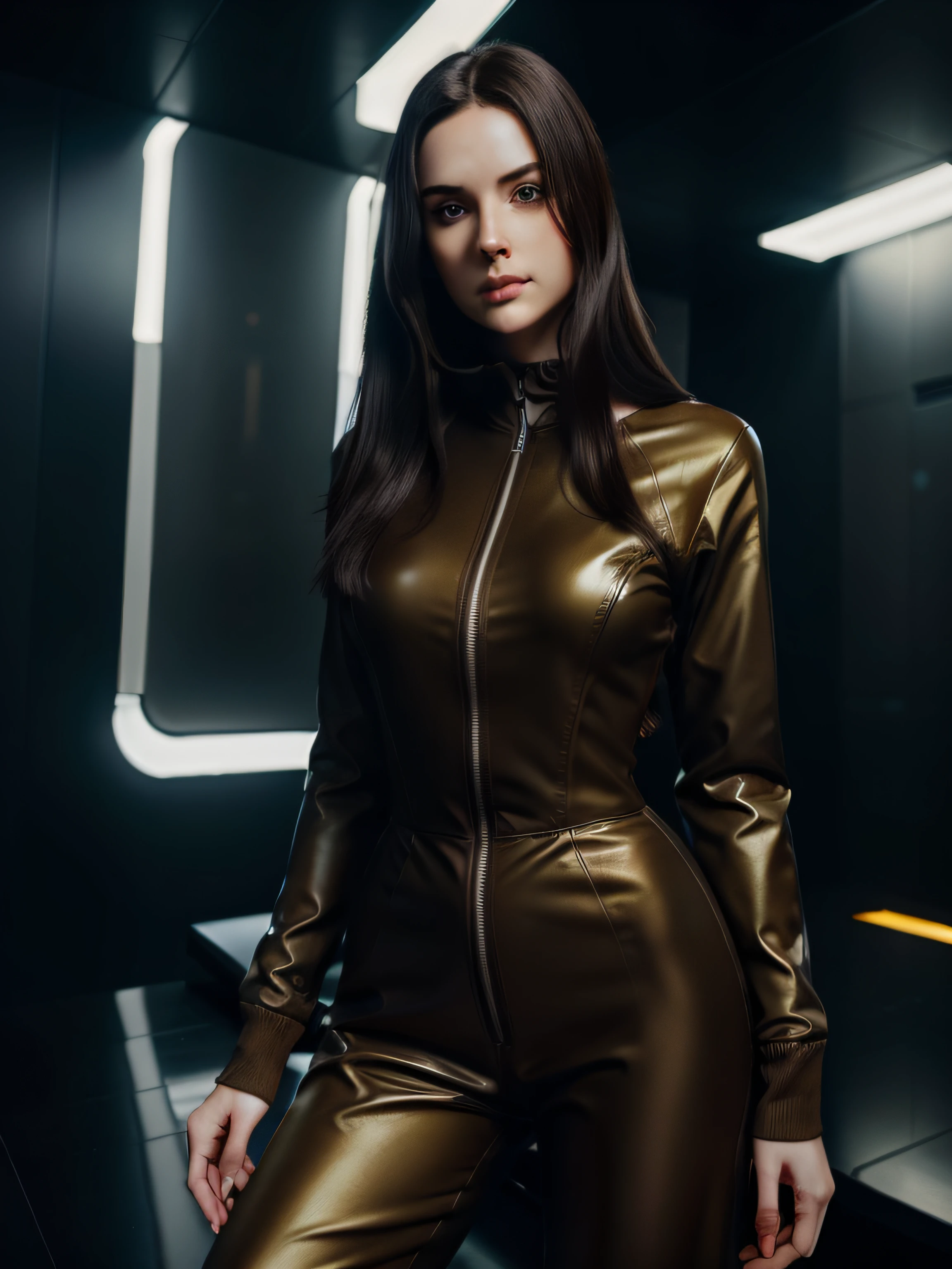 "mulher com um visual realista, pale skin and long, dark hair, yellowish brown eyes and serious expression, wearing a utility jumpsuit in a futuristic setting"