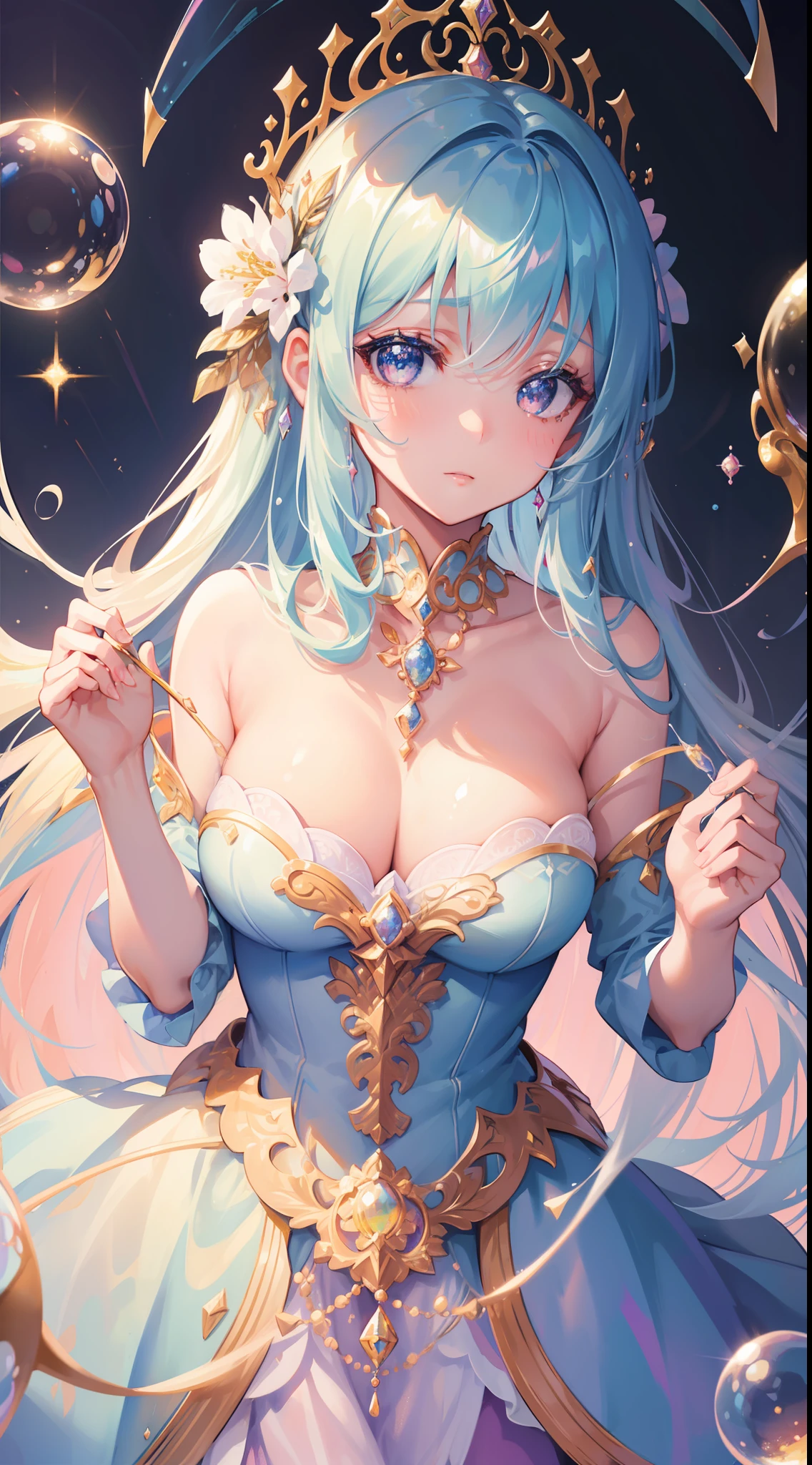 masterpiece, best quality, 8k resolution, sharp focus, intricate detail, beautiful girl, sparkling eyes, golden ratio face, otherworldly liquid, watercolor, pastel colors, bright colors, whimsical, colorful, sharp focus, high resolution, fine detail, princess fantasy ballgown, ((round eyes)), iridescent bubbles