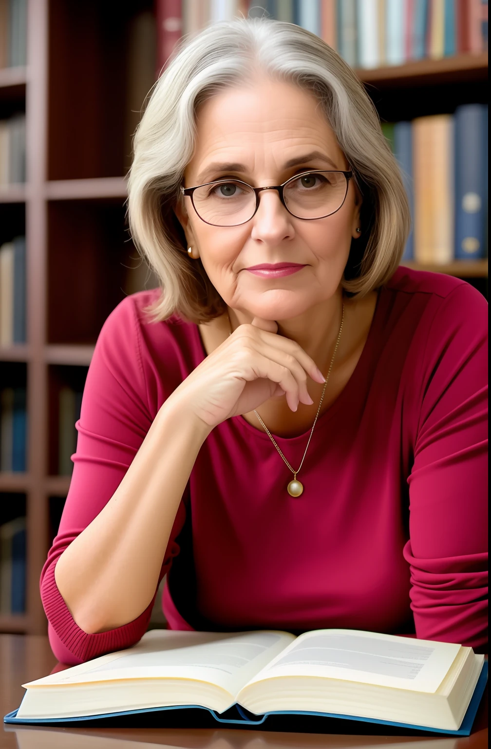 Woman sitting at a table with a book in front of her, foto de retrato, foto de retrato em close-up, O olhar de um idoso, mulher mais velha, Close portrait, foto de retrato detalhada, retrato 6 0 - ano - mulher velha, mulher idosa, close up foto de retrato, retrato frontal, wearing thin large round glasses, Retrato no meio da foto, fechar retrato
