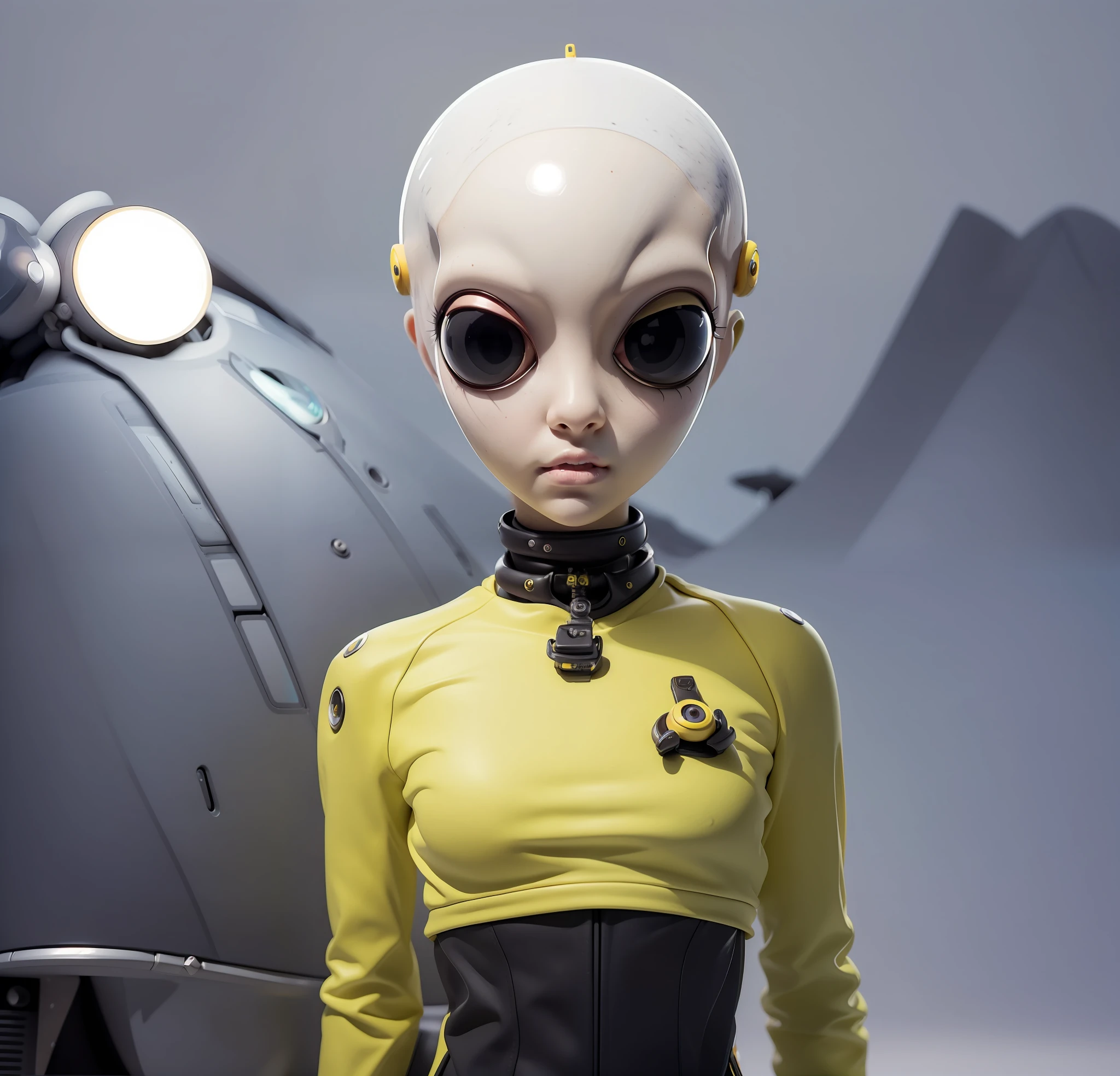 "(an alien female character:1.2) with white skin, totally black and big eyes, and an otherworldly aura, the background is the cockpit of a spacecraft, yellow clothes"