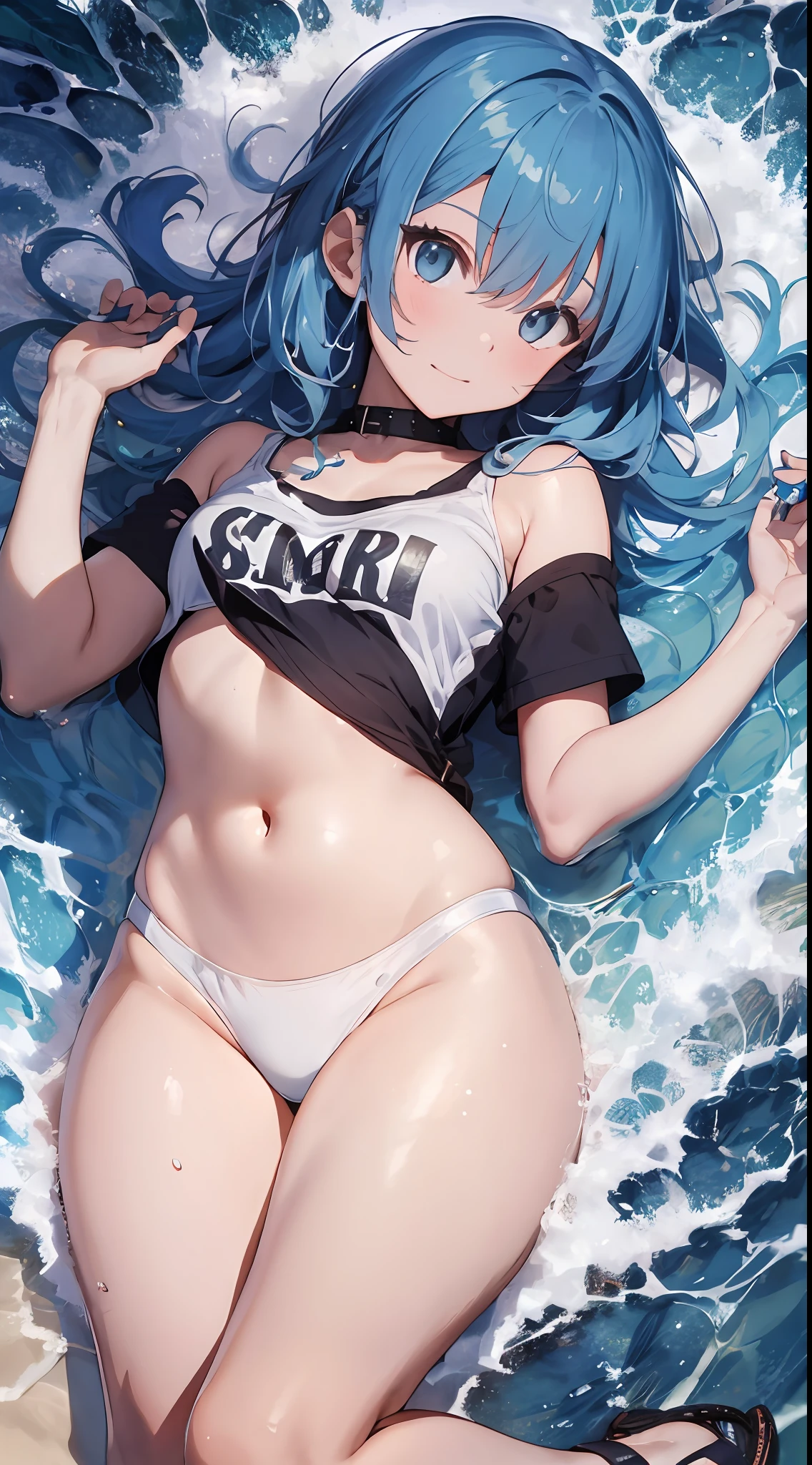 (NSFW:1.2), (8K, Raw photography, Top image quality, tmasterpiece: 1.4), ultra-high-details, (realisitic, photoreallistic: 1.48), 1girl in, Solo Focus, type moon style, Kyoto Animation Style, short-length hair, (blue hairs:1.7), Blunt bangs, Hair Between Eyes, Clear eyes, side locks, White hair, Shiny hair, beautiful detailed cold face, Seductive smile, angry, complex details beautiful and delicate eyes, bare_shoulders, Small_Breasts, Gray eyes, White skin, Hair Ornament, (((T-shirt))), swim ring, swimsuit, beautiful bare back, Sandals, Skindentation, collar bone, bare_Legs, beach, Beautiful detailed sky, White sand, tree, very precise details, absurdist, Extremely detailed, 16k wallpaper,remrezero