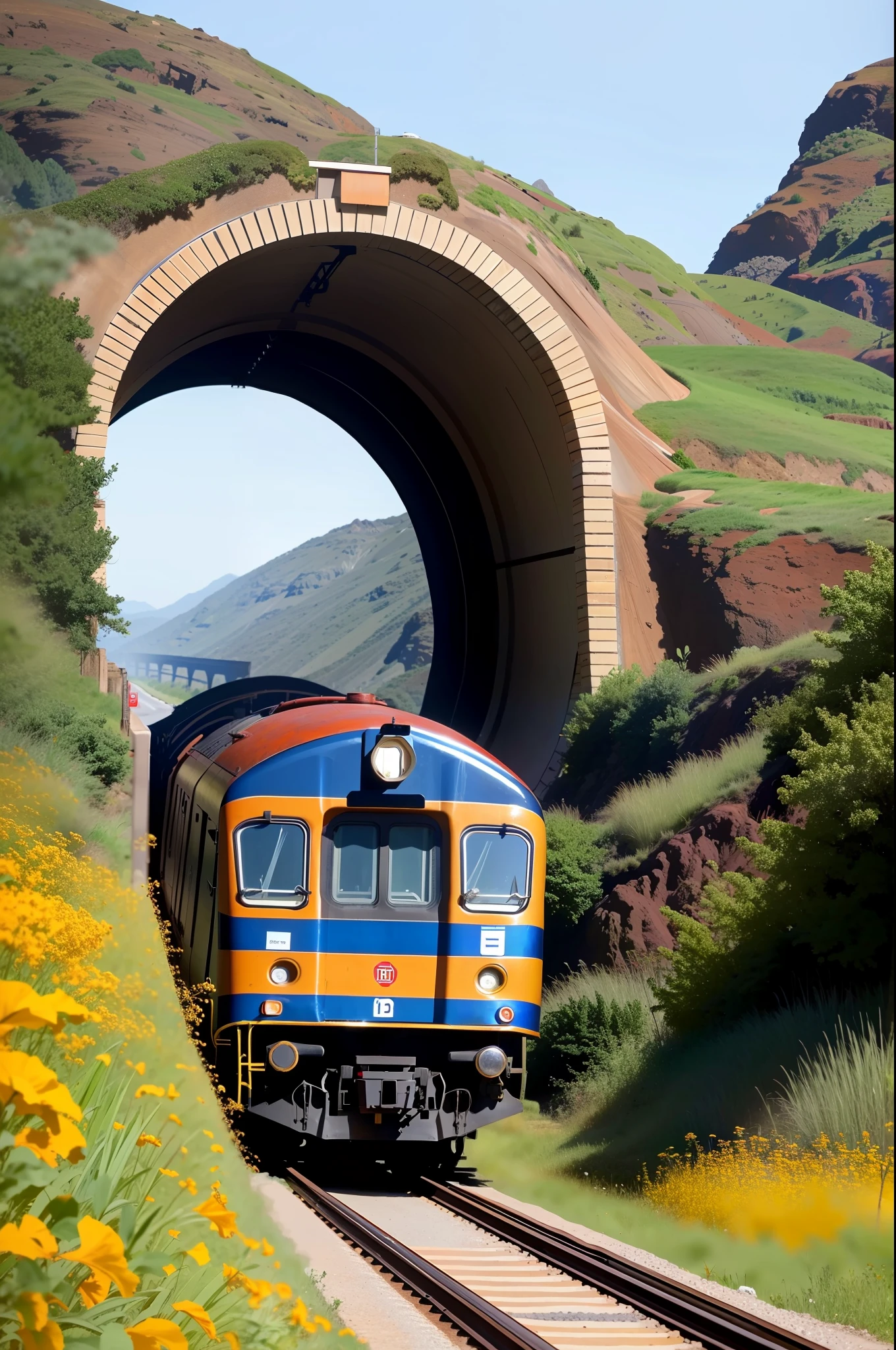 red(metallic) train, Asymmetrical look, (8K, masterpiece, best quality, high quality, extremely full detailed), worm's eye view, Metallic red train is coming out of the mountain (hole tunnel), worm's eye view, on the railway, the vast blue sky, suburb landscape, HQ.