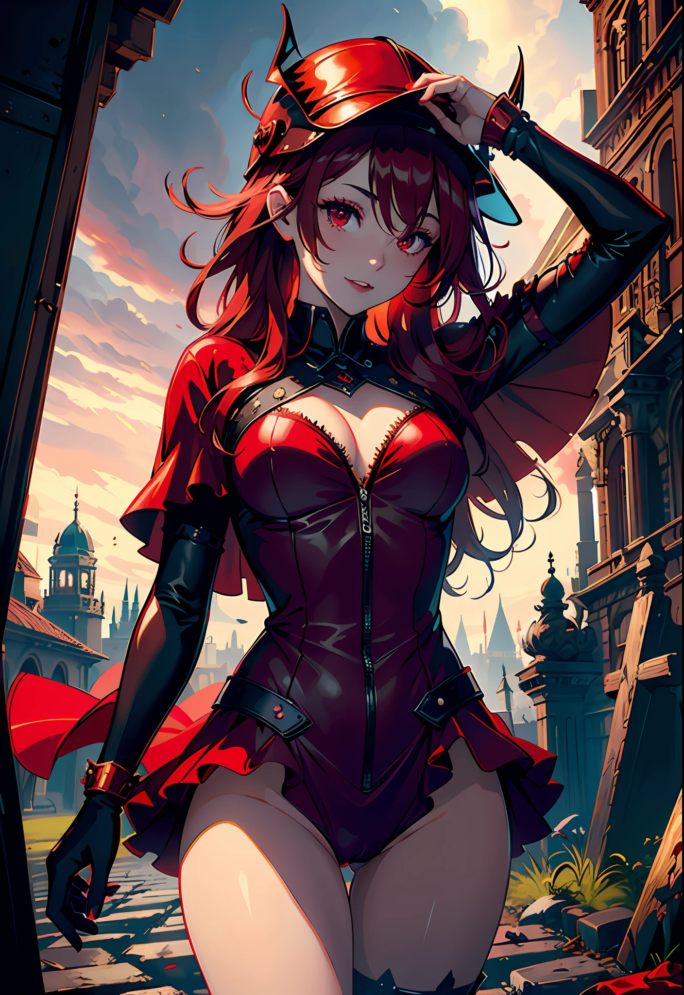 (((best quality))), (((ultra detailed))), (((masterpiece))), illustration,(The dark red blood cloud floats in the air,the red bat,blood magic),1girl,, perfect face,One of her hands waved a whip, volumetric lighting,sexy girl wowdk,crazy smile,red blood rain, crow,graveyard, fantasy, underground castle, ((muted colors, night, darkness)), makeup, mascara,translucent Skin,  HALFTONE,cloud,LIGHT_PARTICLES,eldenring\(malenia\) 1girl, winged helmet, red cape, (malenia_blade:1.3), covered eyes, blood,red hair,(cursed_left_arm:1.3) 