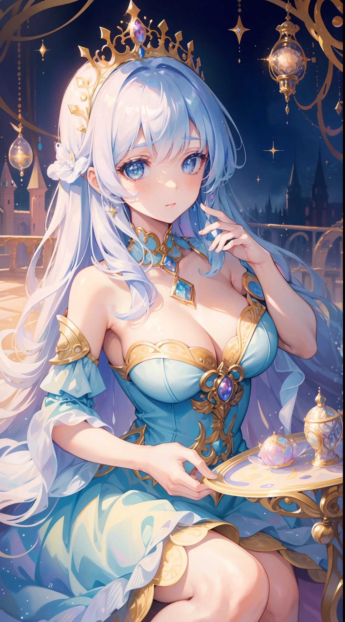 masterpiece, best quality, 8k resolution, sharp focus, intricate detail, beautiful girl, sparkling eyes, golden ratio face, otherworldly liquid, watercolor, pastel colors, bright colors, whimsical, colorful, sharp focus, high resolution, fine detail, princess fantasy flowing ballgown, ((round eyes)), iridescent bubbles, castle landscape in background