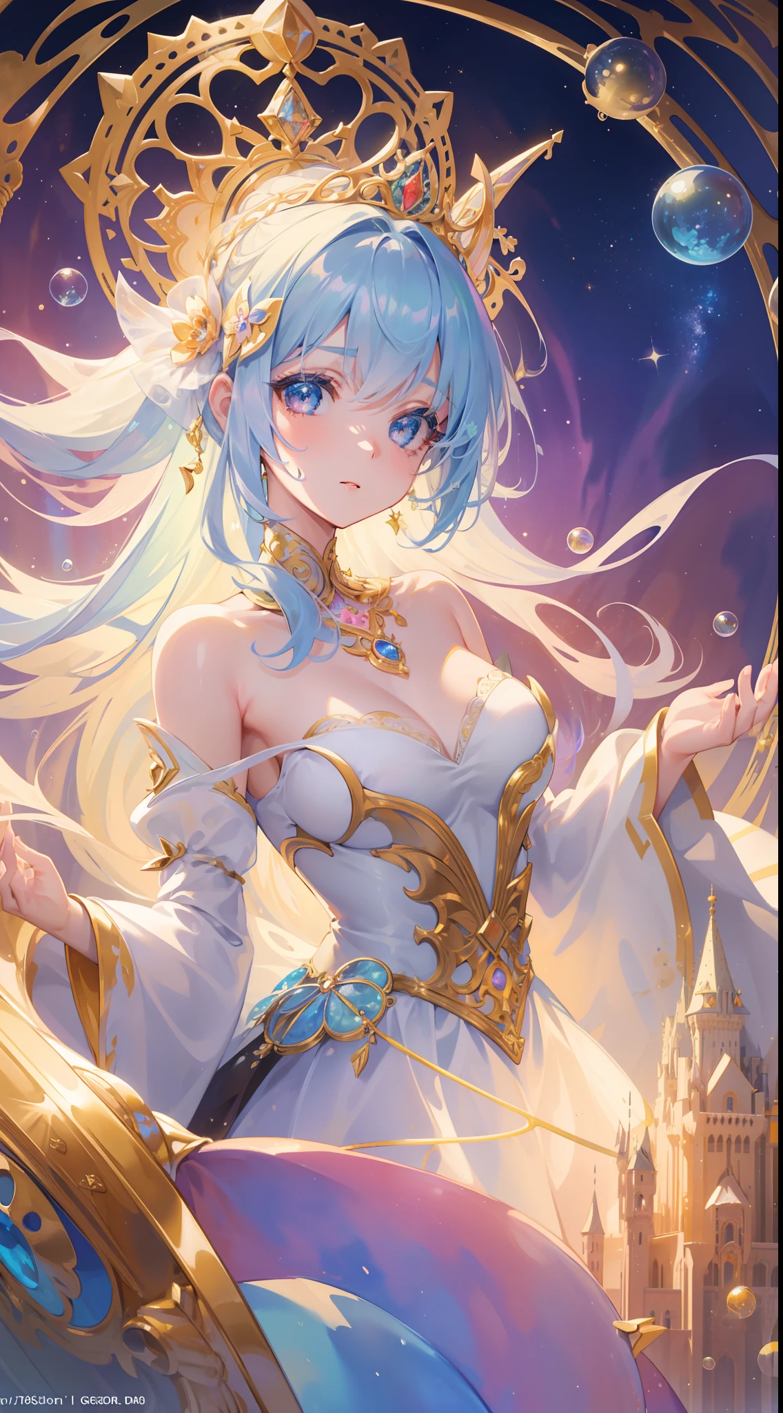 masterpiece, best quality, 8k resolution, sharp focus, intricate detail, beautiful girl, sparkling eyes, golden ratio face, otherworldly liquid, watercolor, pastel colors, bright colors, whimsical, colorful, sharp focus, high resolution, fine detail, princess fantasy flowing ballgown, ((round eyes)), iridescent bubbles, castle landscape in background