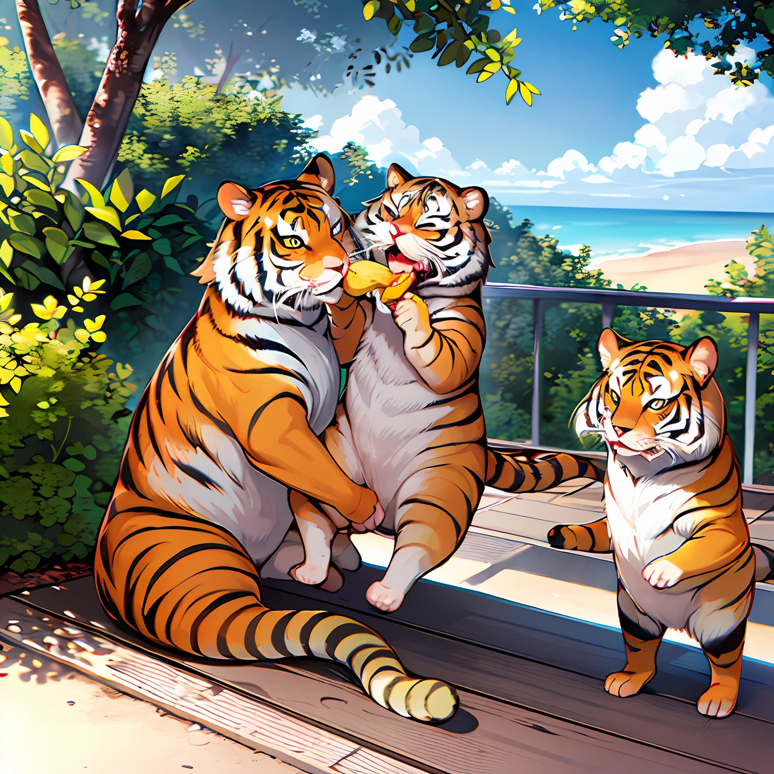 Um tigre comendo uma banana