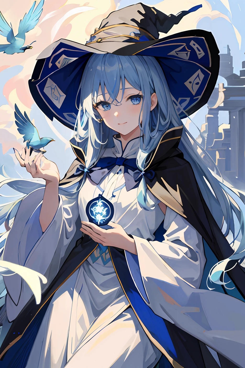 ((​masterpiece:1.2、top-quality))、1girl、独奏、(Witch Hat)、silber hair、Long、doress、Aurora、natta、stele(Skysky)、gloves、Skysky、robe blanche、nigh sky、blue eyess、bow ribbon、Very long hair、a smile、Hair ribbons、cloaks、blue hairs、(a bird)、magia、casting spells、dark clouds、natta、(Impresionismo:1.4)、(tarot:1.3) 、Alfonse Mucha、