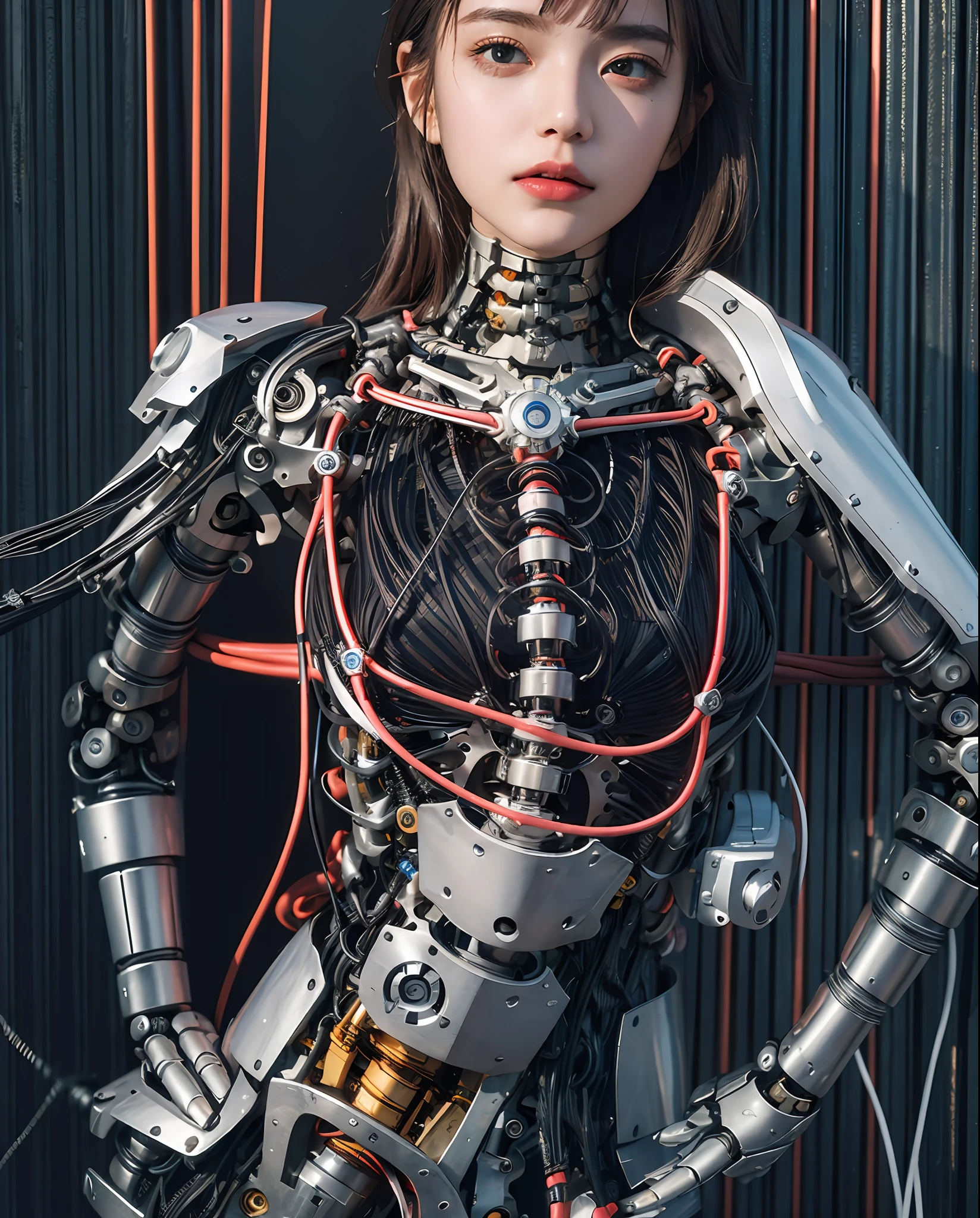 (((masterpiece)))、((top-quality))、(The ultra-detailliert)、、(Very noble and beautiful))、Cinematic Light、((1 Mechanical Girl))、White porcelain body、Goldsmith、Sumerian details、a purple eye、Colossal tits、The cleavage is visible、Nipples are hidden by machines、Single、(Mechanical joint:1.4)、((Mechanical limb))、(Blood vessels attached to tubes)、((Mechanical spine attached to the back))、((Mechanical cervical vertebrae attached to neck))、(Wires and cables attached to the head and body:1.5)、 neon details、Hydraulic cylinder、Steampunk details、cowboy shot、