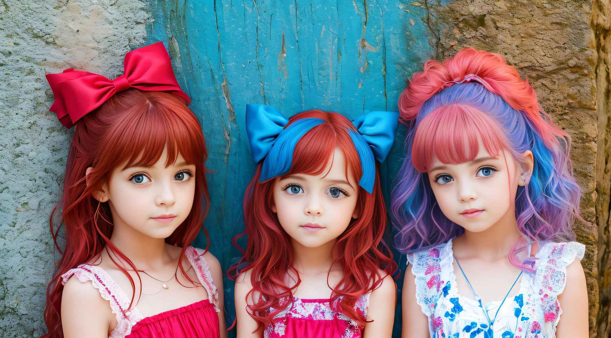 Three KIDS girls with red hair and blue bows stand in front of a wall, Perfect Android girl family, do cabelo vermelho, cabelos azuis e ruivos, Deusa dos cabelos ruivos, peruca vermelha, meninabelos vermelhos, azul ou vermelho, Filhotes vermelhos, Directed by: Bernardino Mei, vermelho e azul, azul e vermelho, cores azuis com detalhes em vermelho, tema azul vermelho
