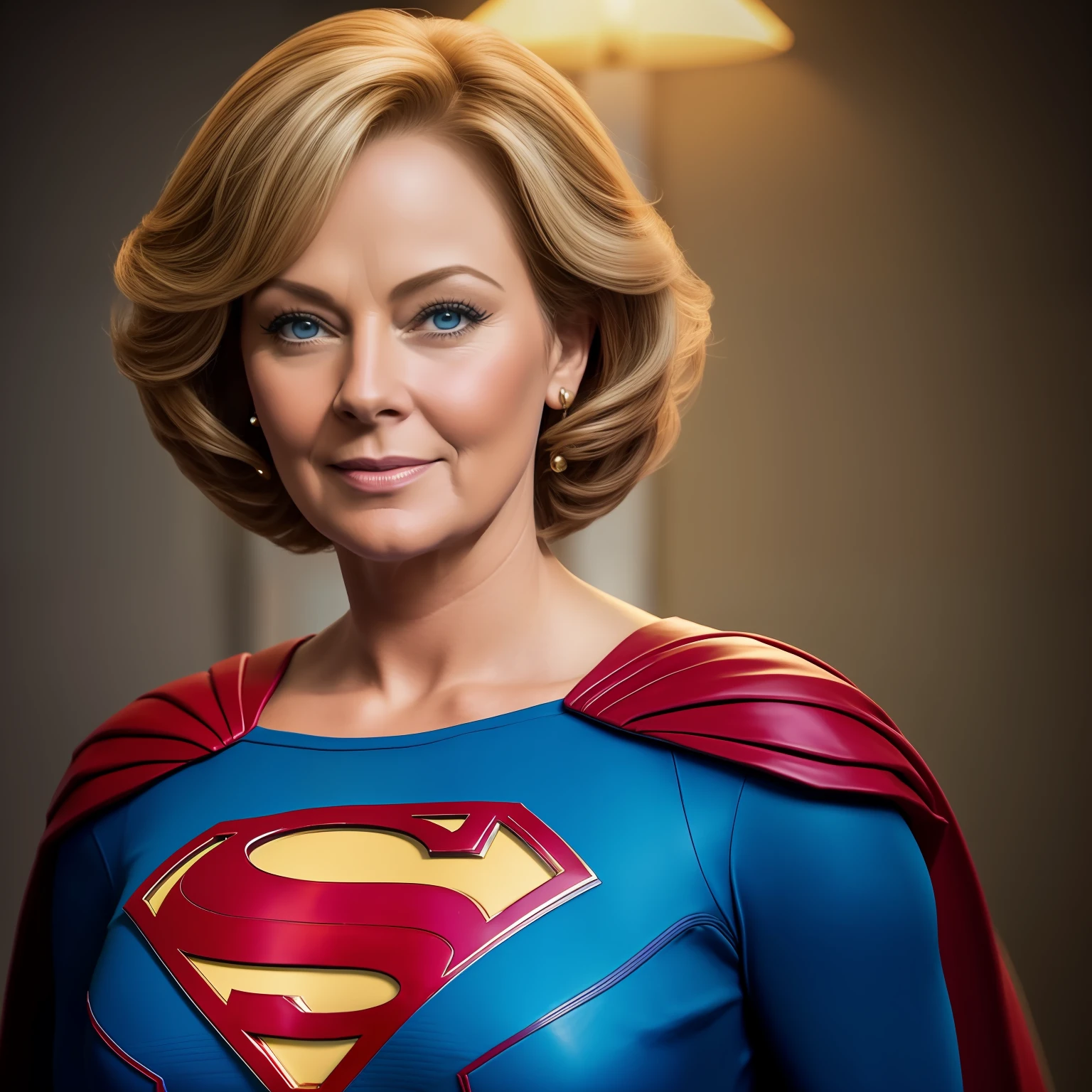 Jean Smart vestida como um super-girl com uma capa e blusa azul, colada no corpo, super foto realista, Superhero portrait, Supergirl filme de 1984, Cortpo sexy, retrato vfx altamente detalhado de, cabelos andulados, super fotorrealista |, Super-homem, Foto retrato, super-realista, Arte 4K, Retrato ultra realista
