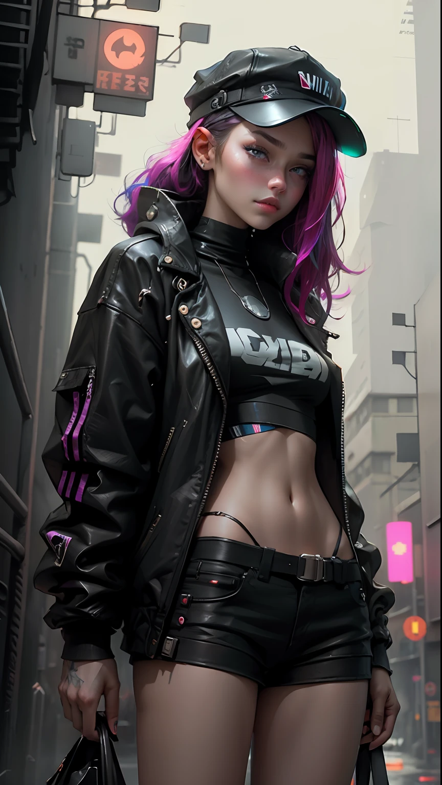 Beautiful woman medium hair, wearing cap, cyberpunk style short clothes