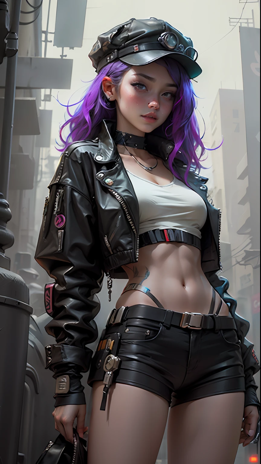 Beautiful woman medium hair, wearing cap, cyberpunk style short clothes