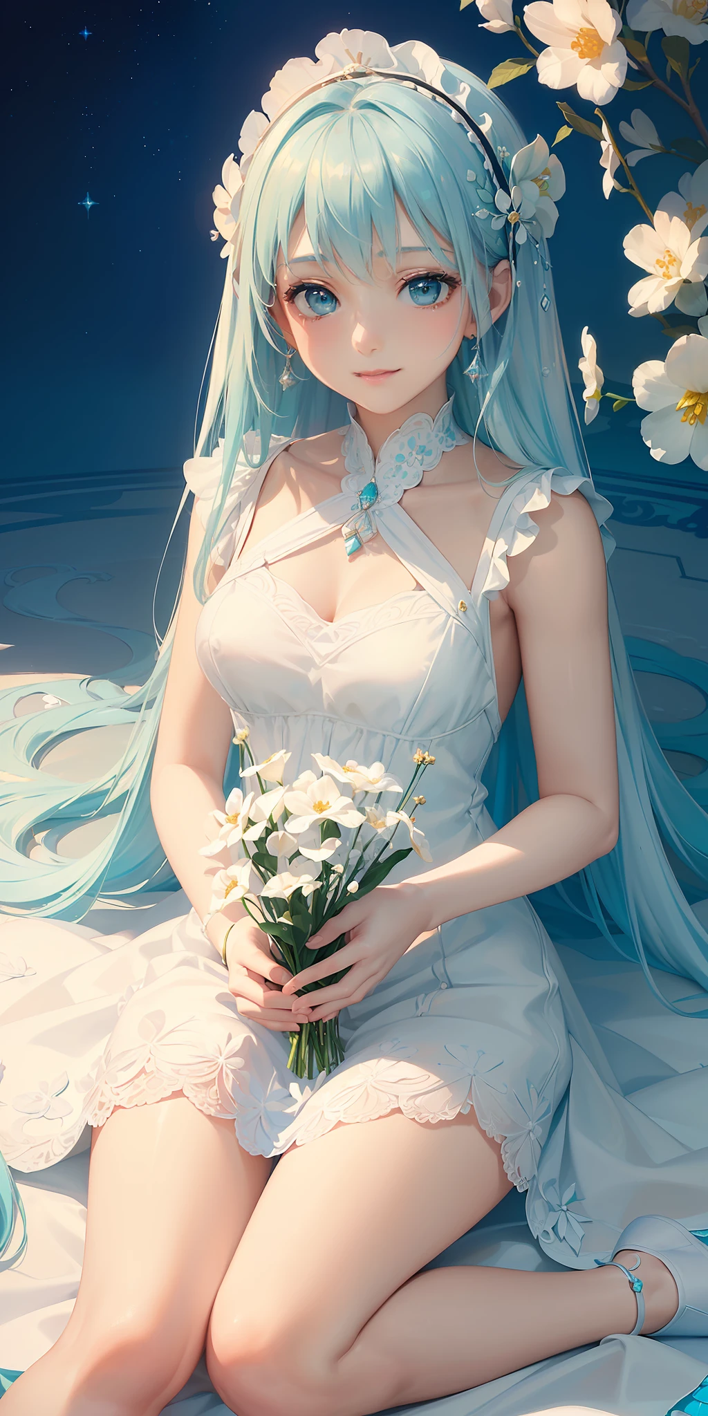 (((masterpiece))), ((((top-quality)))), (((The ultra-detailliert))), (High Definition CG Illustration), ((extremely delicate and beautiful)),(Cute delicate face),ciinematic light,((A lot of beautiful flowers)),独奏,full body Esbian,(Aqua Blue:1.4),((Mystical painting)),(Sitting)),Smile a little,(Feminine white dress:1.5),(charactor focus),