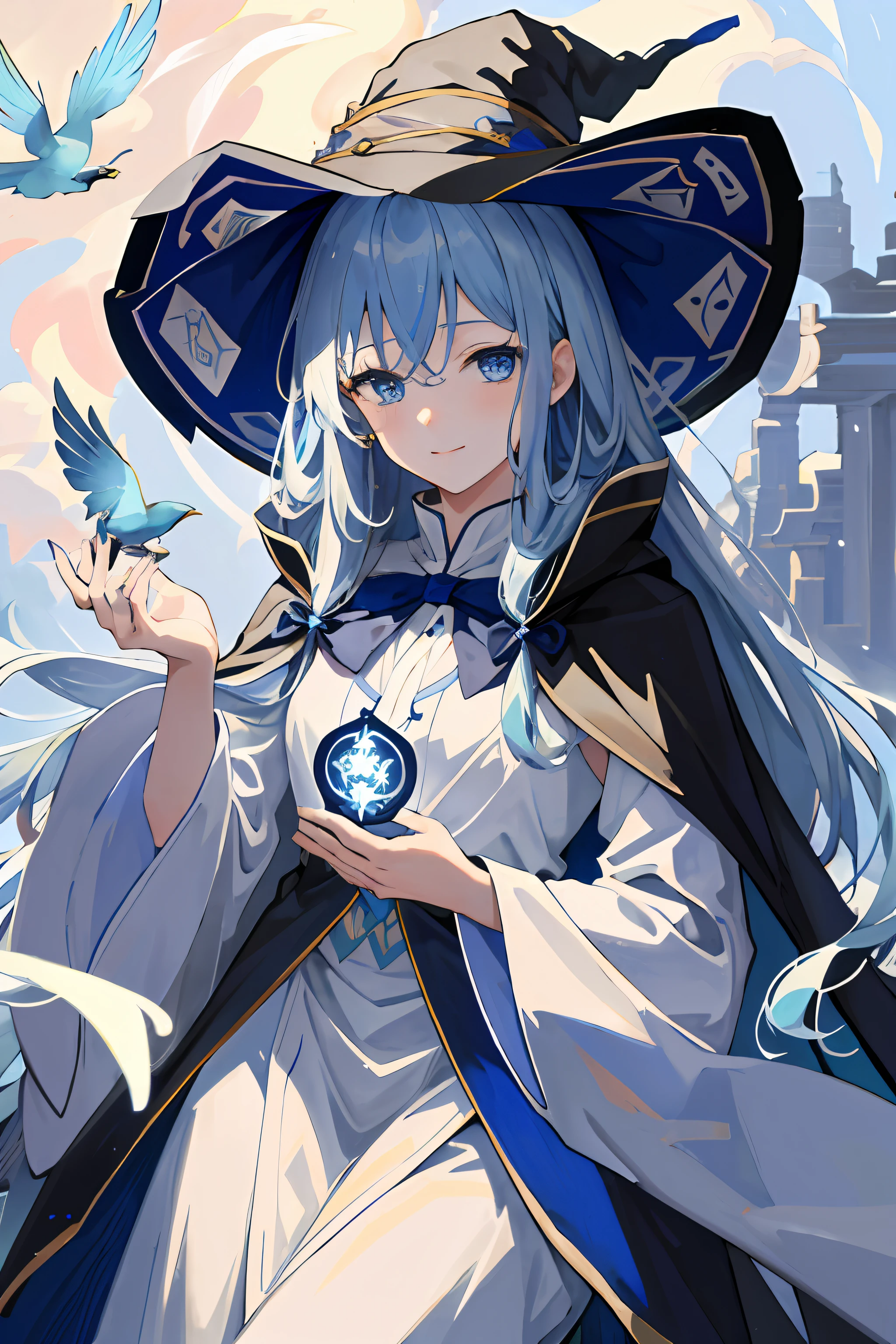 ((masterpiece:1.2、top-quality))、1girl、独奏、(Witch Hat)、silber hair、Long、doress、Aurora、natta、stele(Skysky)、gloves、Skysky、robe blanche、nigh sky、blue eyess、bow ribbon、Very long hair、a smile、Hair ribbons、cloaks、blue hairs、(a bird)、magia、casting spells、dark clouds、natta、(Impresionismo:1.4)、(tarot:1.3) 、Alfonse Mucha、