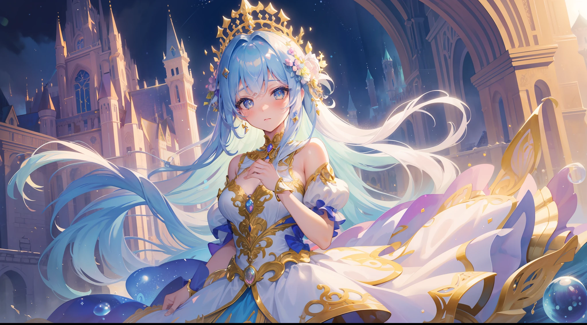 masterpiece, best quality, 8k resolution, sharp focus, intricate detail, beautiful girl, sparkling eyes, golden ratio face, otherworldly liquid, watercolor, pastel colors, bright colors, whimsical, colorful, sharp focus, high resolution, fine detail, princess fantasy flowing ballgown, ((round eyes)), iridescent bubbles, castle landscape in background