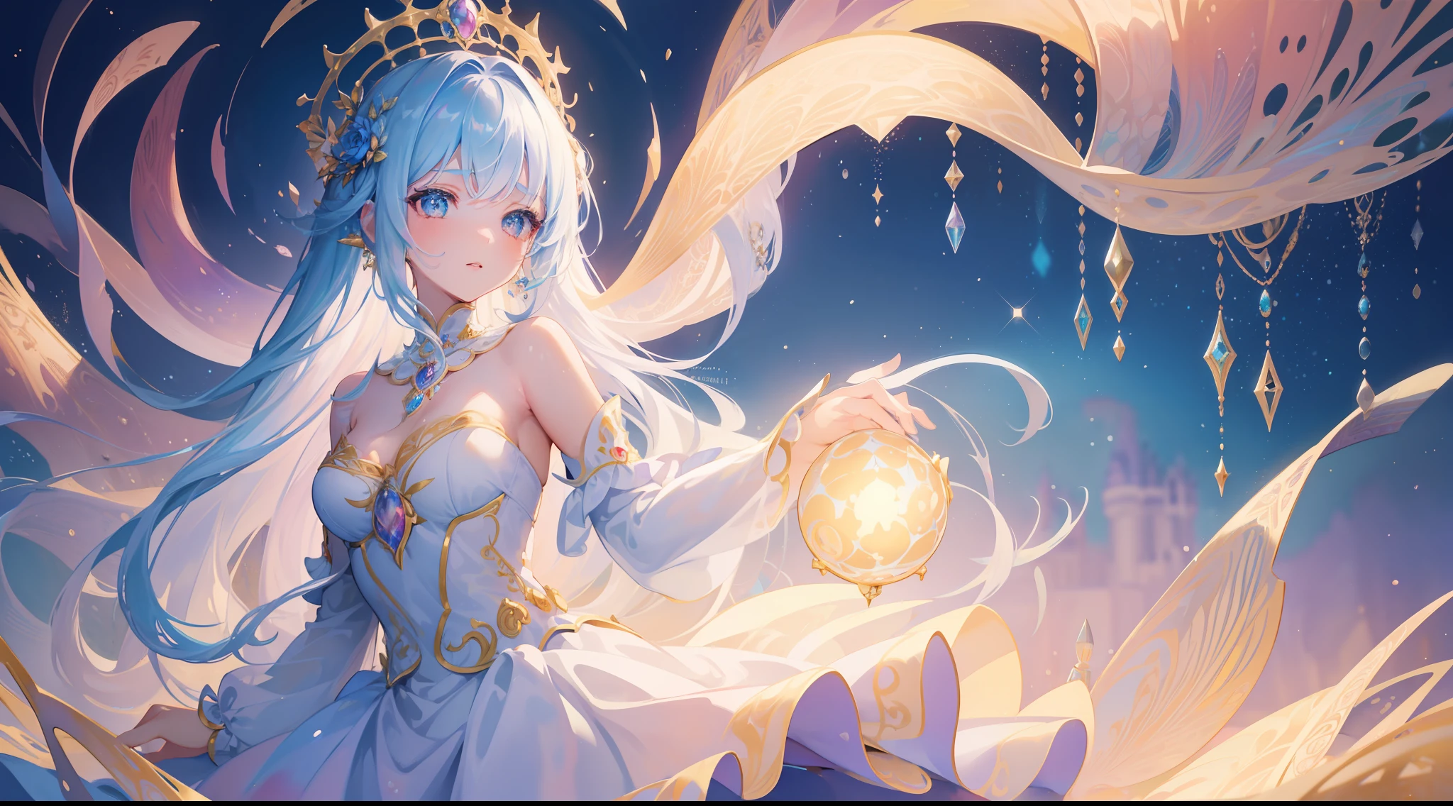 masterpiece, best quality, 8k resolution, sharp focus, intricate detail, beautiful girl, sparkling eyes, golden ratio face, otherworldly liquid, watercolor, pastel colors, bright colors, whimsical, colorful, sharp focus, high resolution, fine detail, princess fantasy flowing ballgown, ((round eyes)), iridescent bubbles, castle landscape in background
