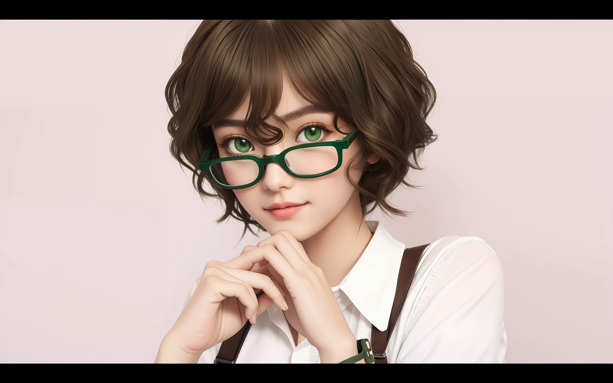 Girl posing for photo wearing glasses and coffee-colored suspenders, Green eyes，short wavy brown hair,