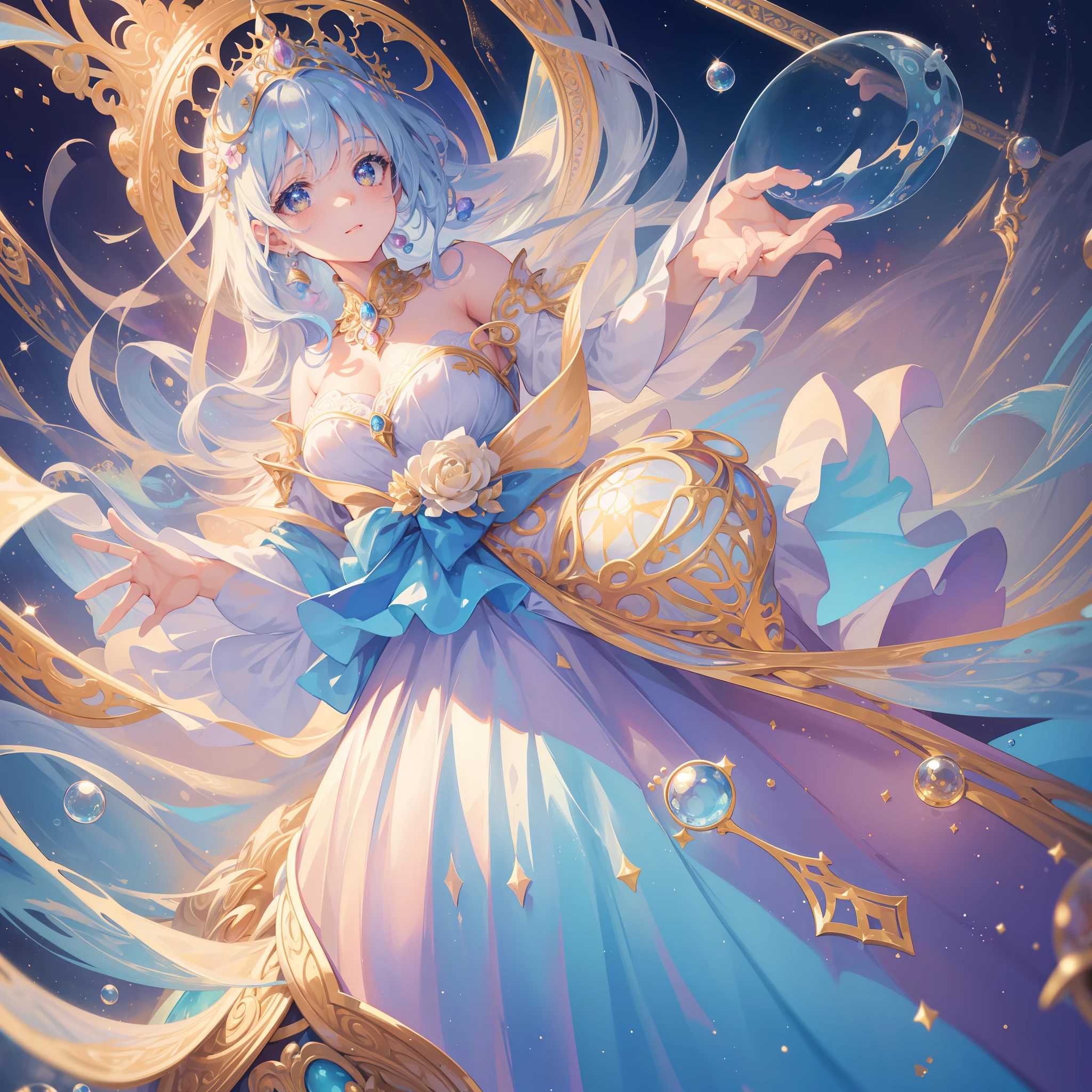 masterpiece, best quality, 8k resolution, sharp focus, intricate detail, beautiful girl, sparkling eyes, golden ratio face, otherworldly liquid, watercolor, pastel colors, bright colors, whimsical, colorful, sharp focus, high resolution, fine detail, princess fantasy flowing ballgown, ((round eyes)), iridescent bubbles, castle landscape in background